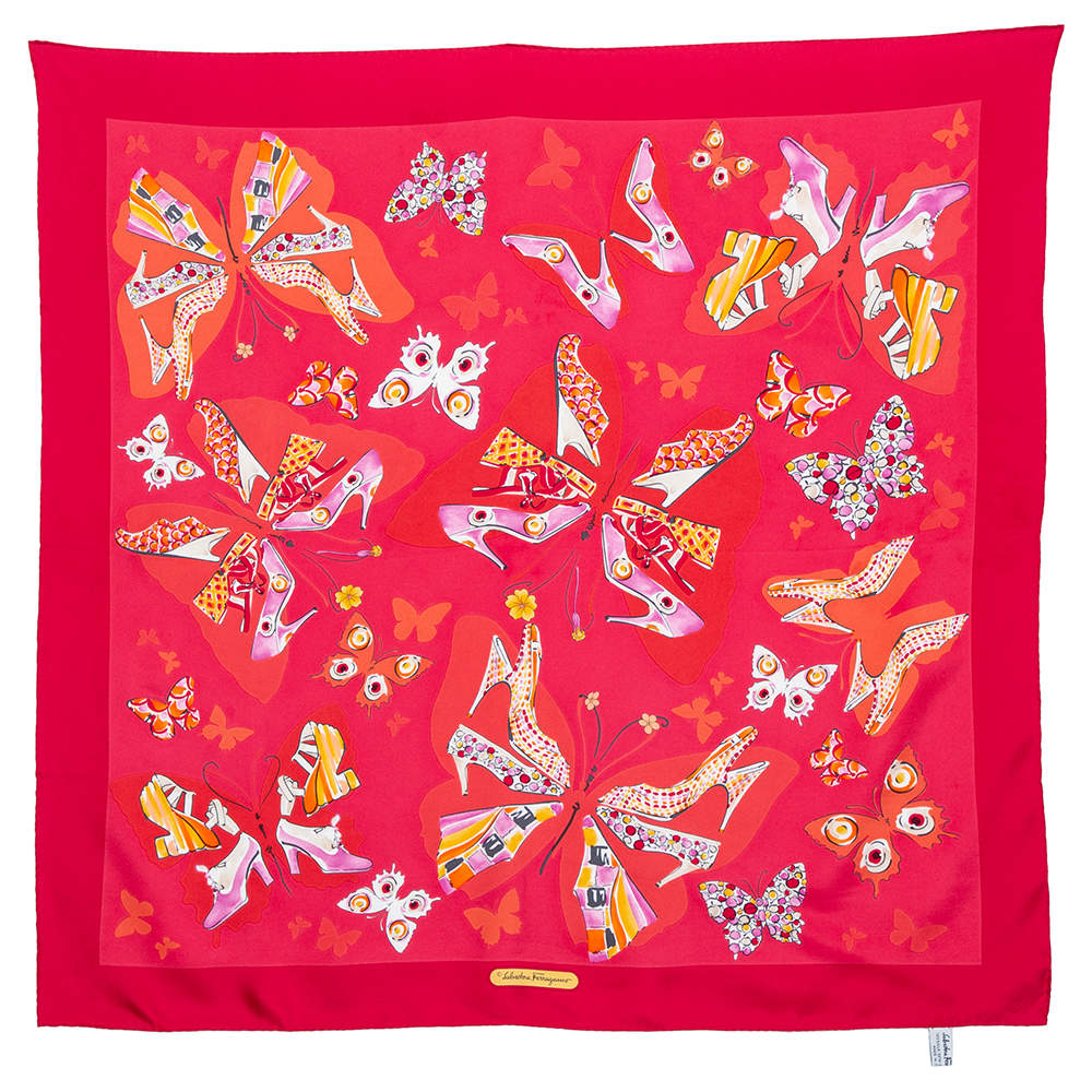 Pre Owned وشاح سالفاتوري فيراغامو مربع حرير طباعة حذاء وفراشة بني محمر