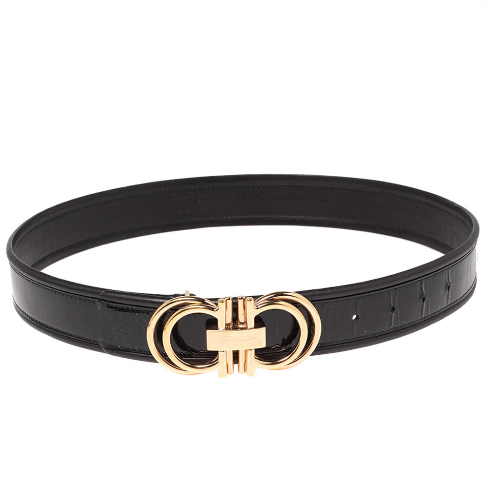 Pre Owned حزام سالفاتوري فيراغامو جلد أسود لامع بحافة جلد وإبزيم غانشيني 90 سم