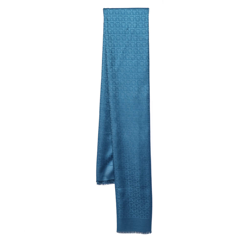 مملوكة مسبقًا Salvatore Ferragamo Blue Gancini Wool & Silk Jacquard Scarf