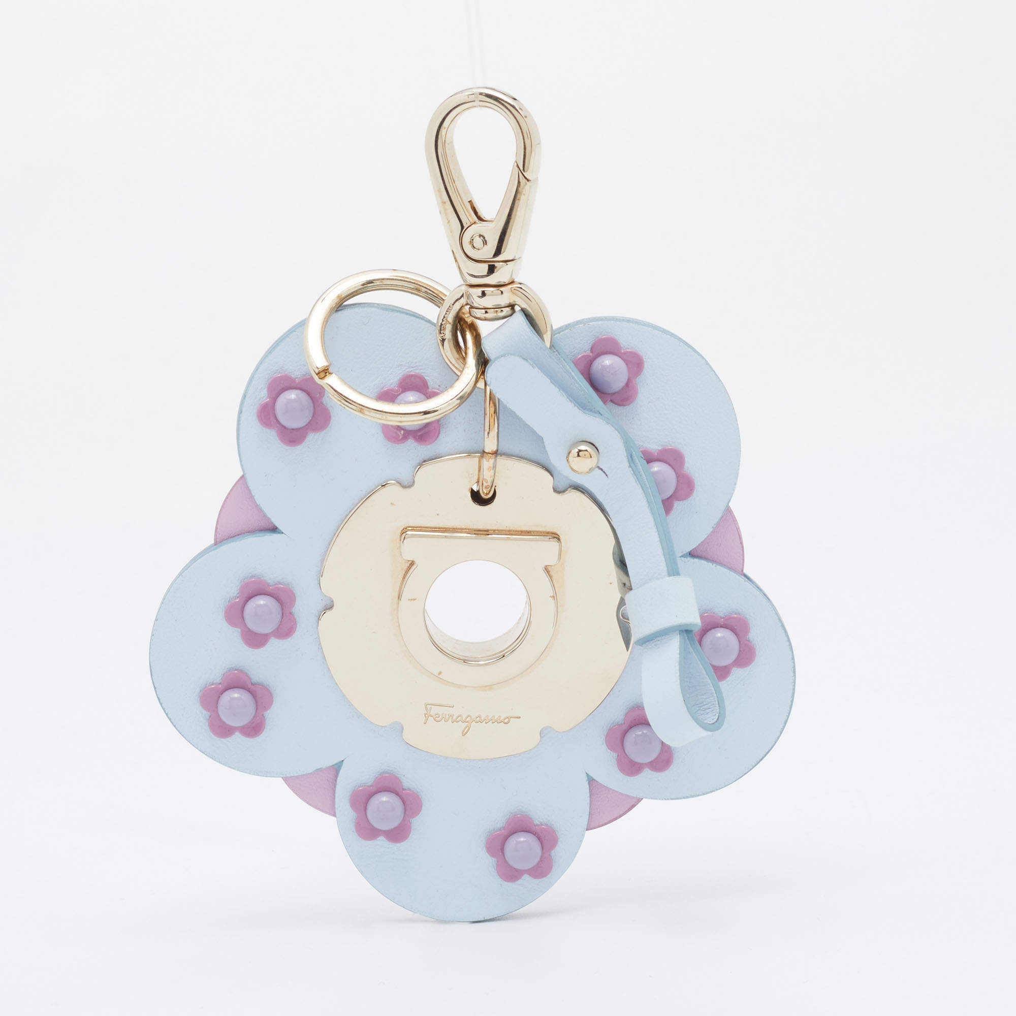 Pre Owned Salvatore Ferragamo Light Blue/Pink Leather Flower Bag Charm