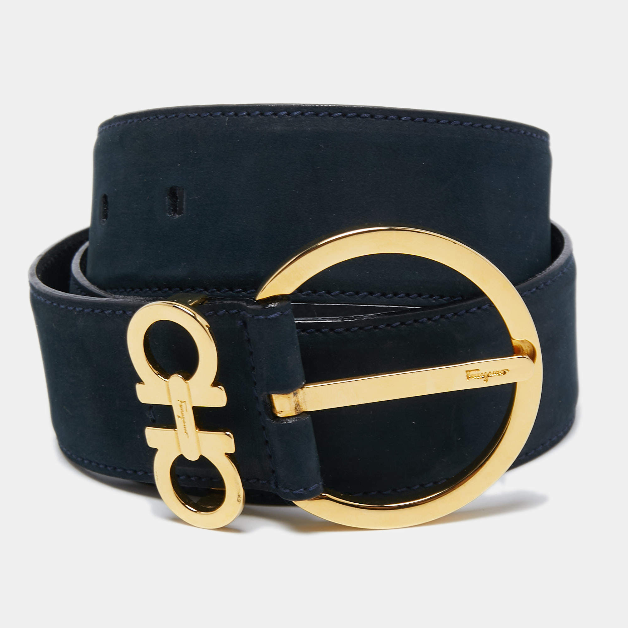 Salvatore Ferragamo Navy Blue Nubuck Leather Waist Belt 70CM