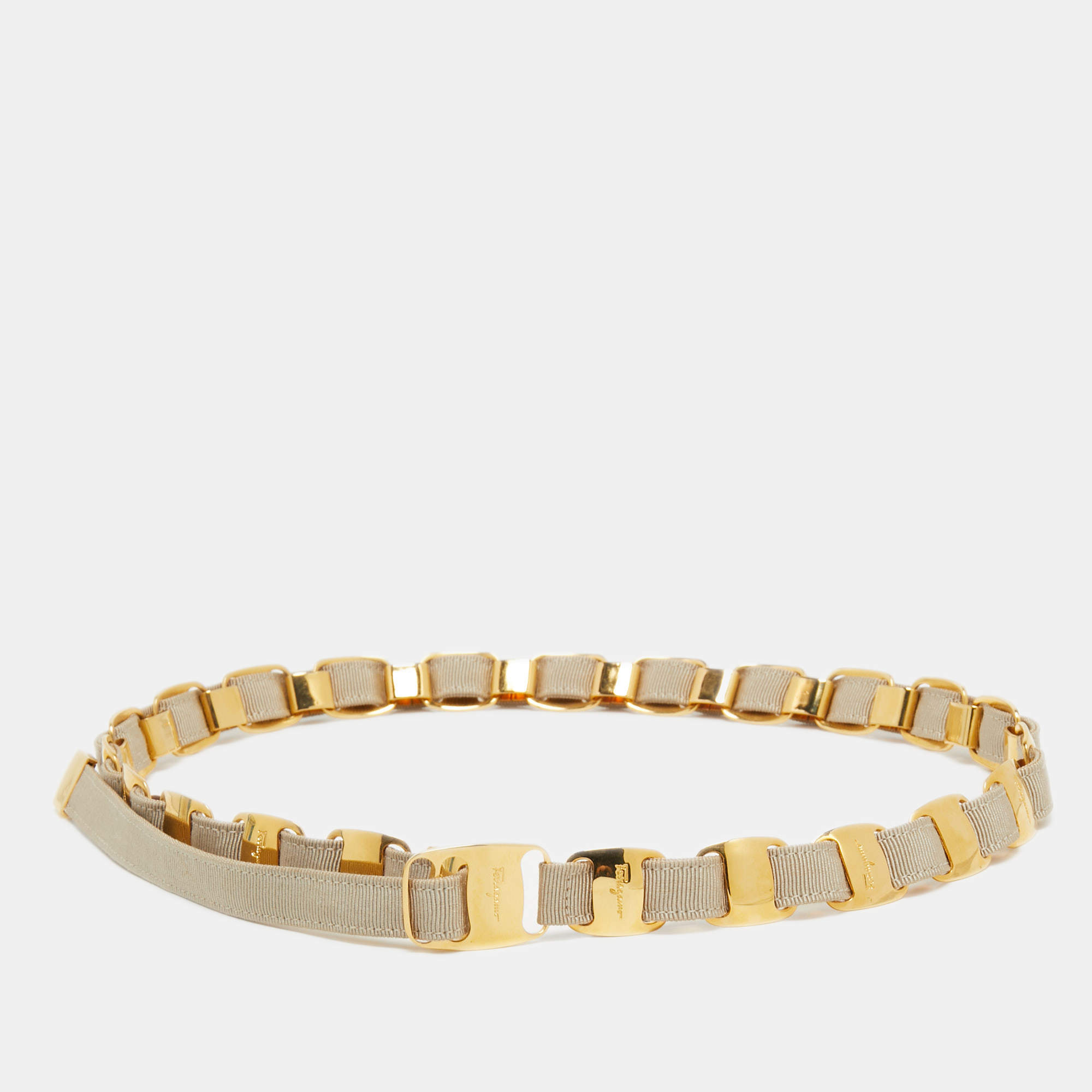 Pre Owned Salvatore Ferragamo Beige Fabric Chain Waist Belt 80CM