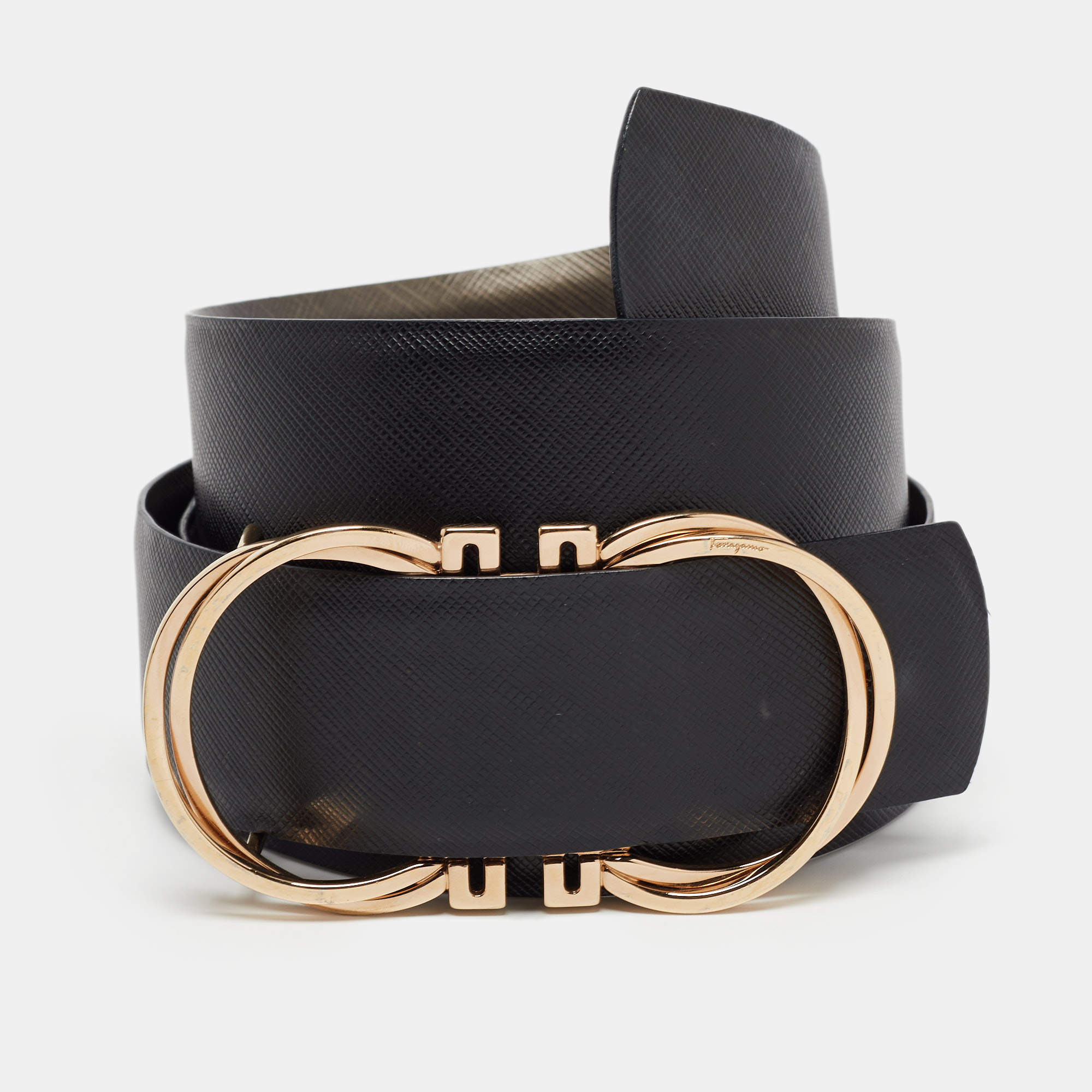 Pre Owned Salvatore Ferragamo Black Leather Buckle Belt 90CM
