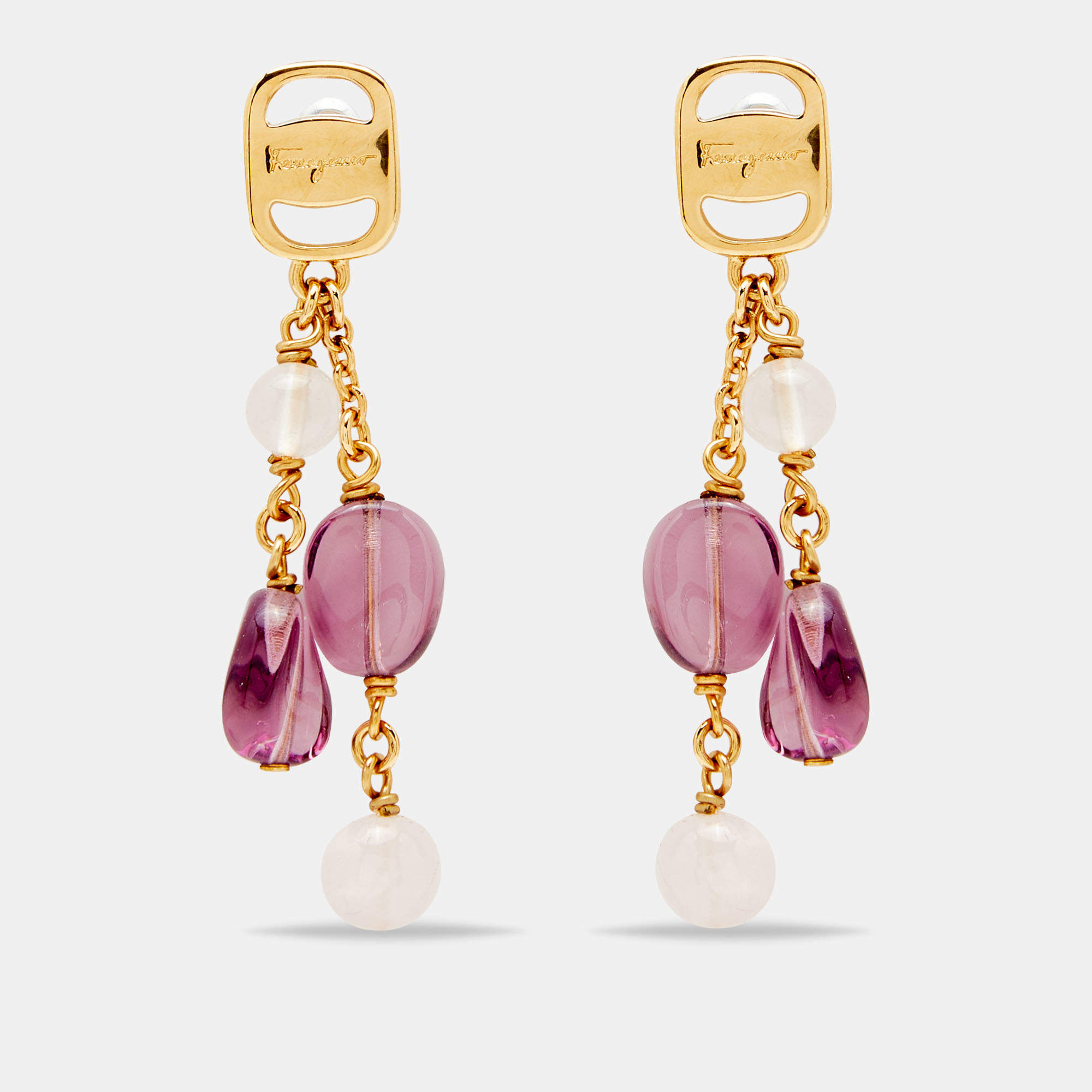 مملوكة مسبقًا Salvatore Ferragamo Gold Tone Vara Bead Drop Earrings