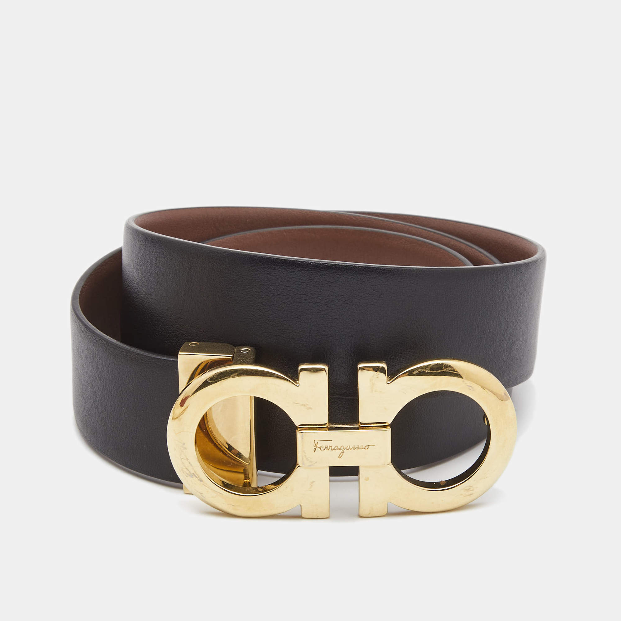 Salvatore Ferragamo Black/Brown Leather Gancini Reversible Cut to Size Belt 