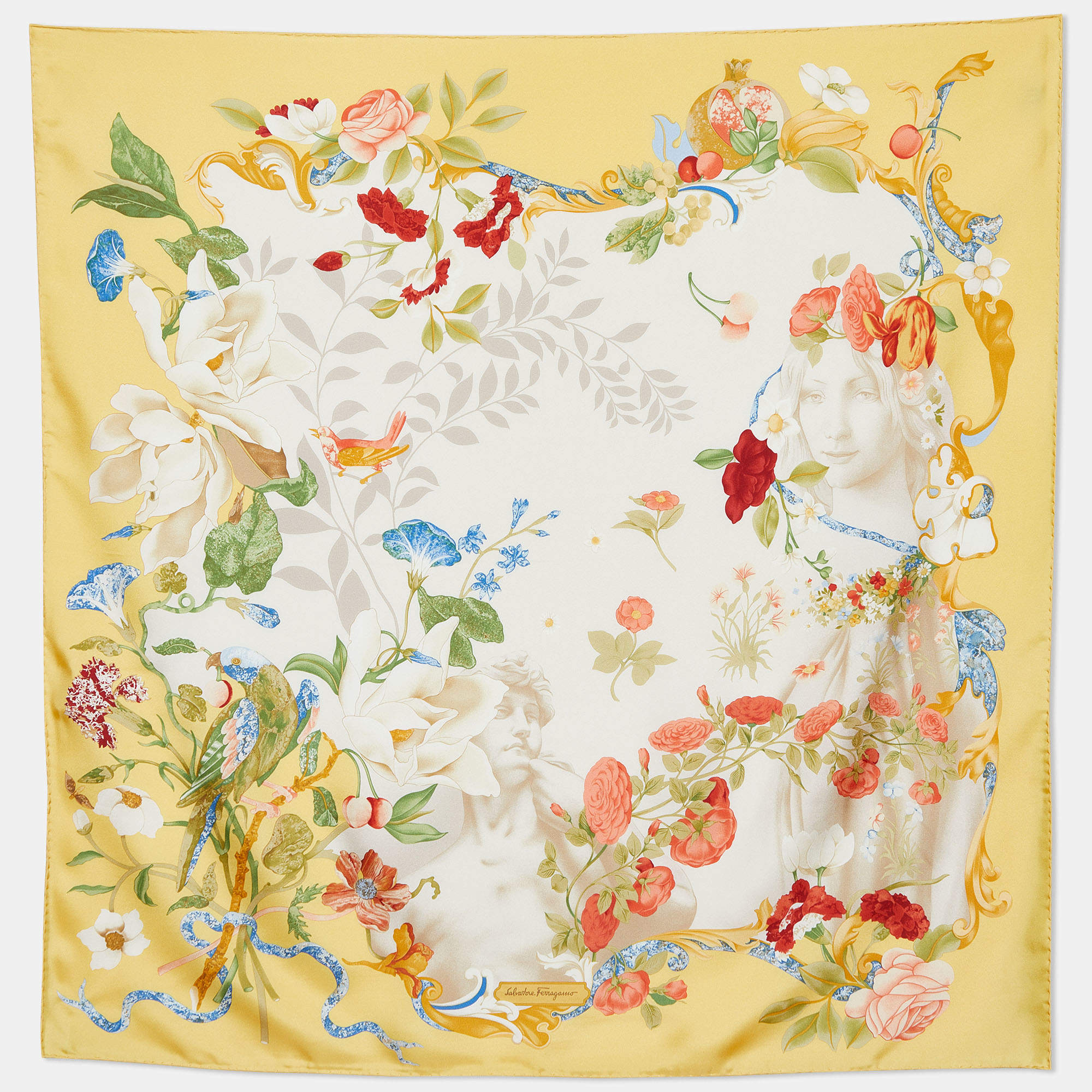 Salvatore Ferragamo Yellow Parrot Printed Silk Square Scarf