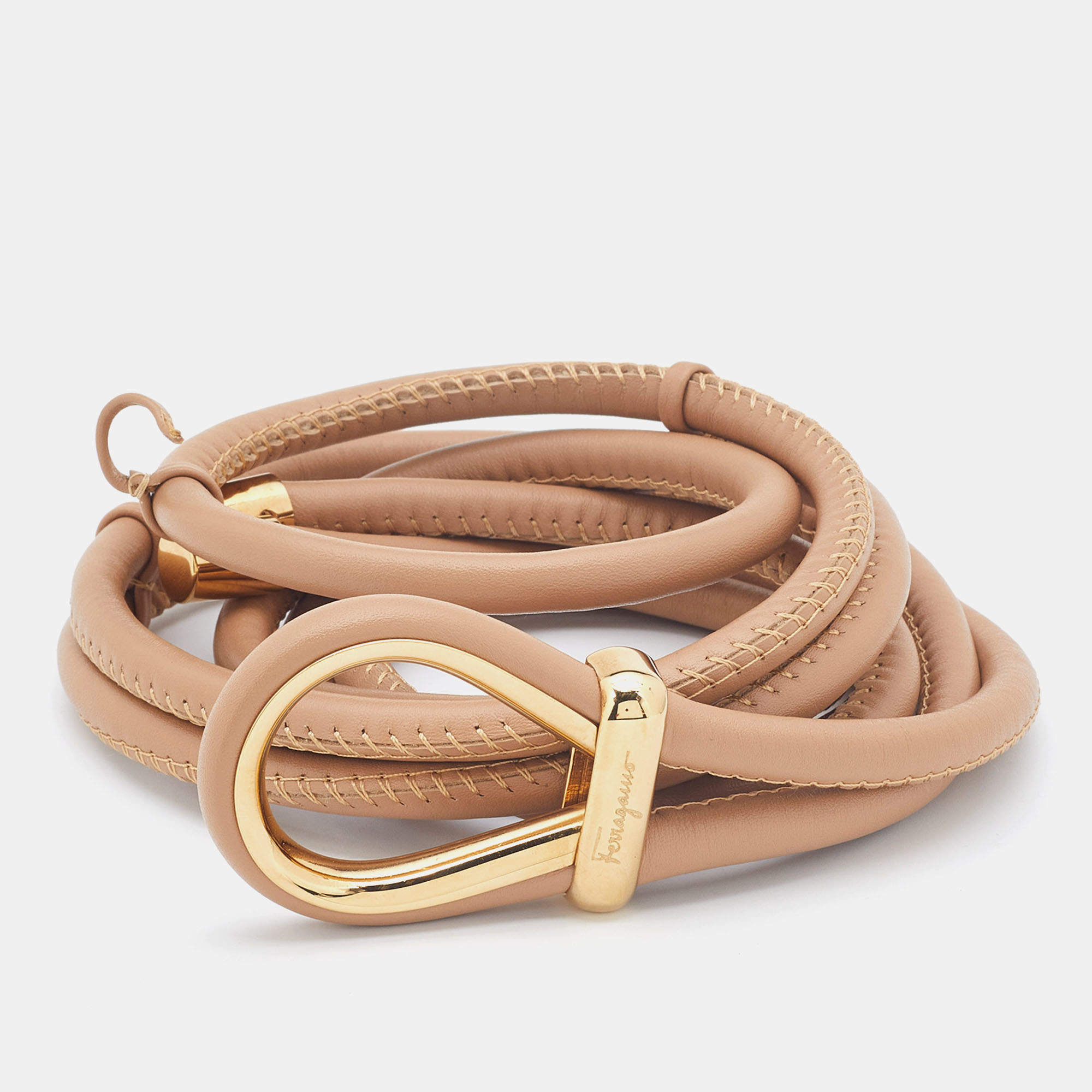 Pre Owned Salvatore Ferragamo Beige Leather Double Strap Waist Belt 