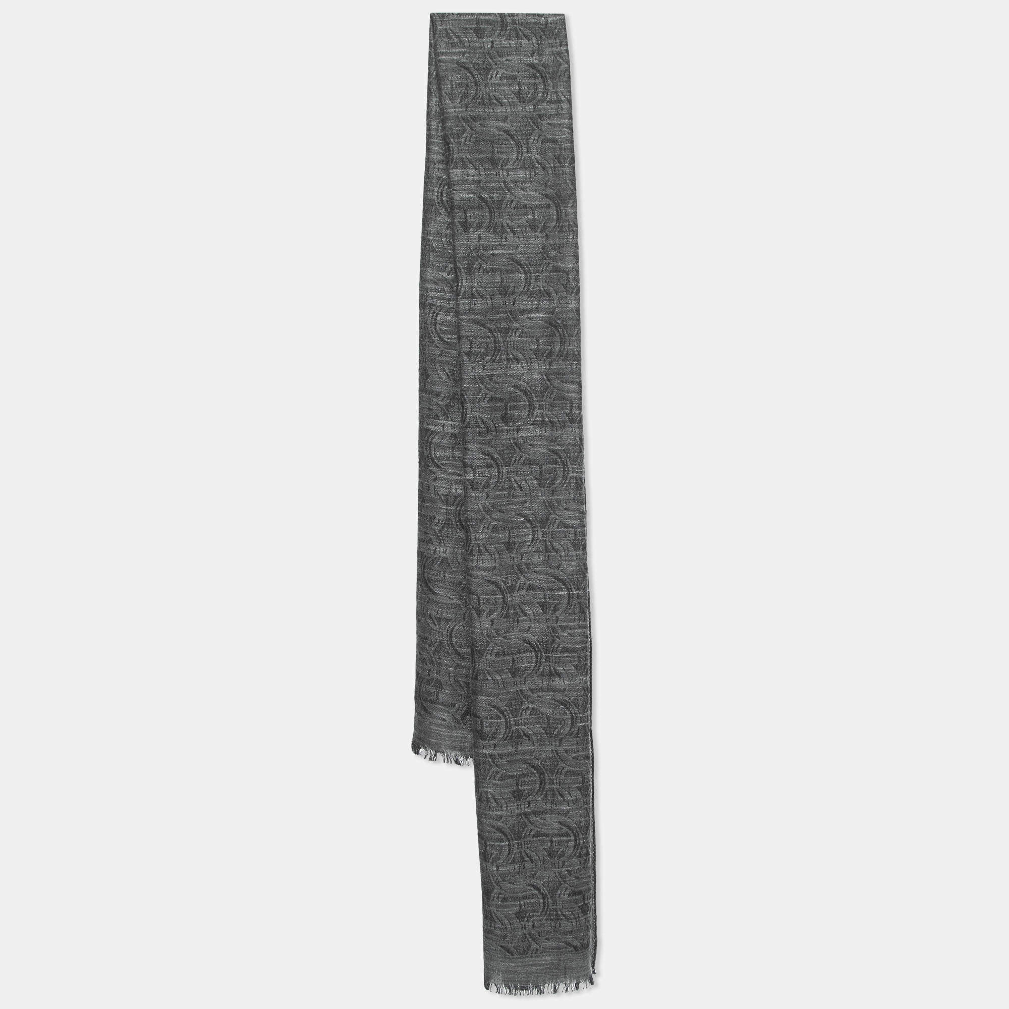 Salvatore Ferragamo Dark Grey Gancini Jacquard Silk & Wool Stole