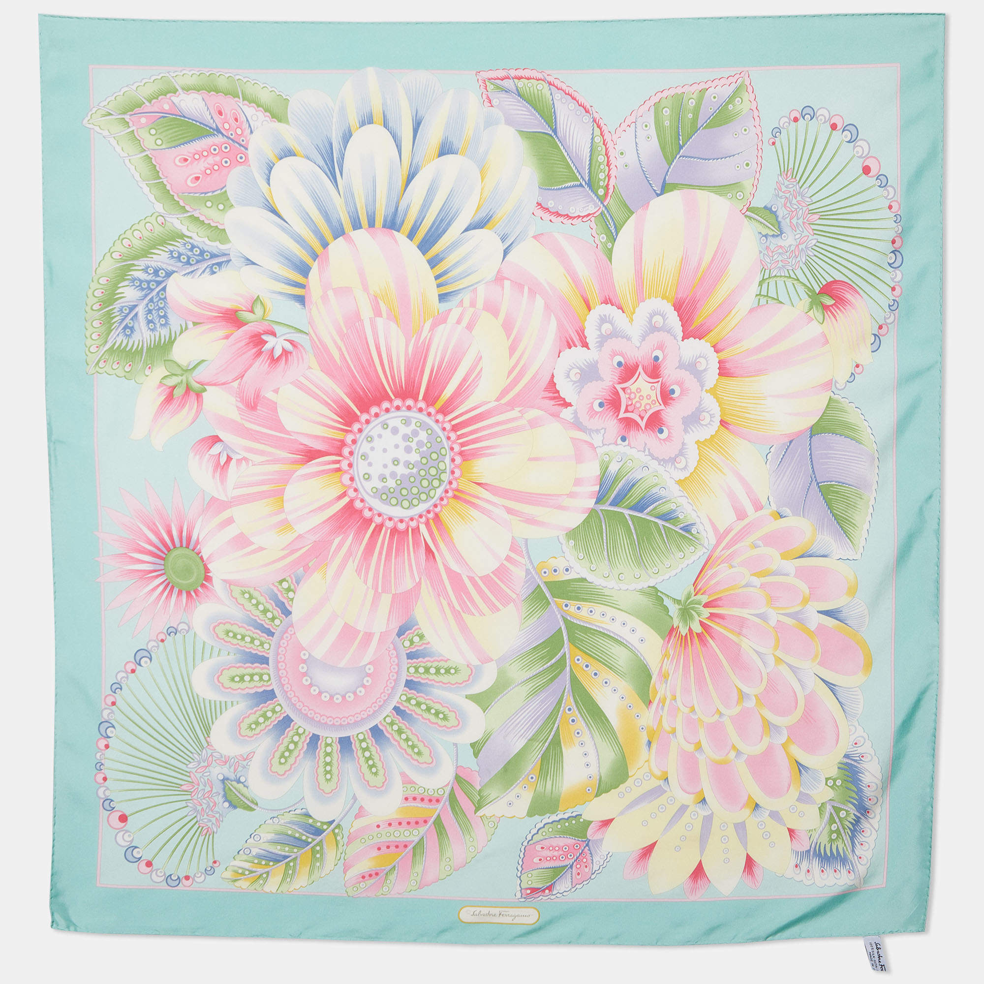 Pre Owned Salvatore Ferragamo Blue Floral Printed Silk Square Scarf