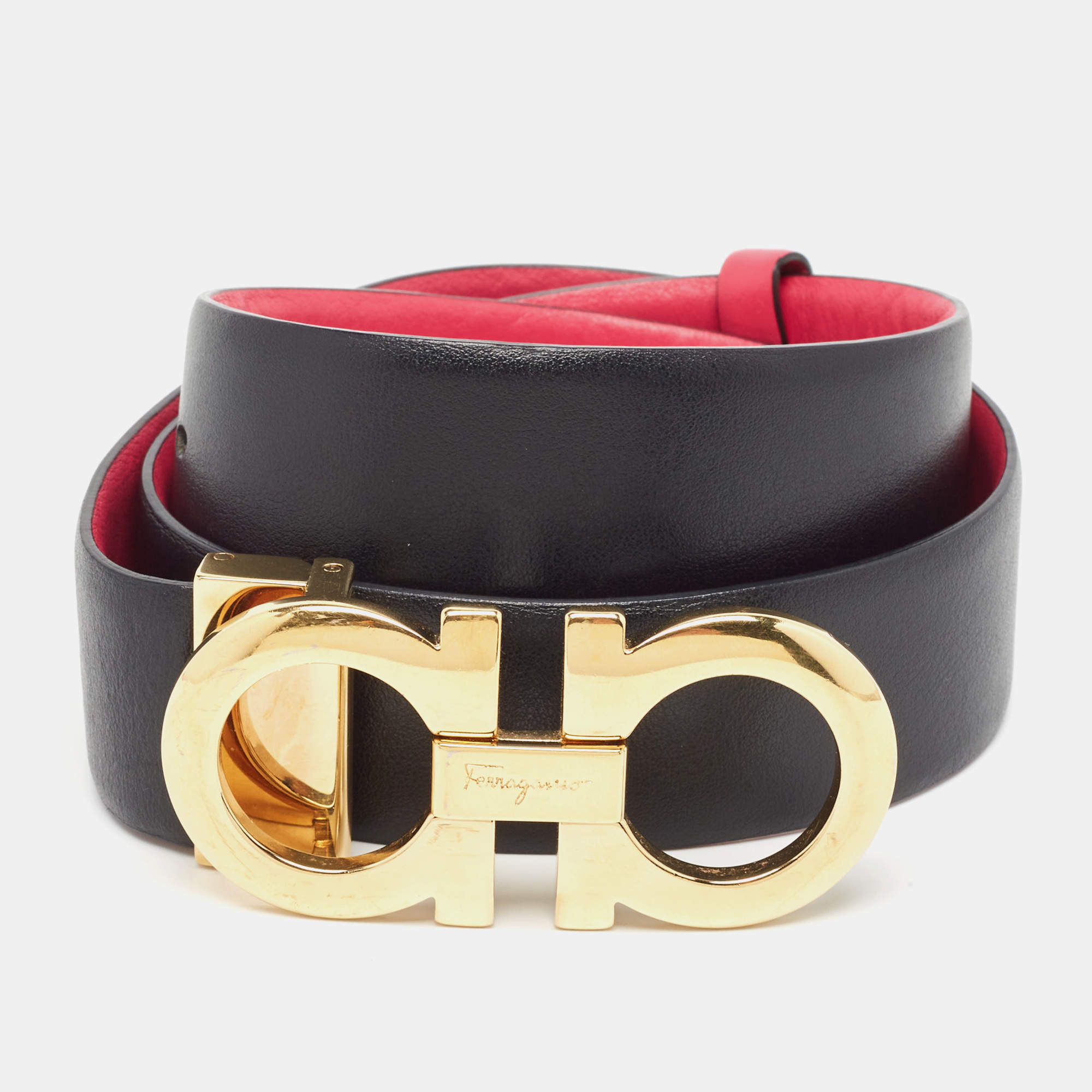 Salvatore Ferragamo Black/Pink Leather Cut to Size Reversible Belt