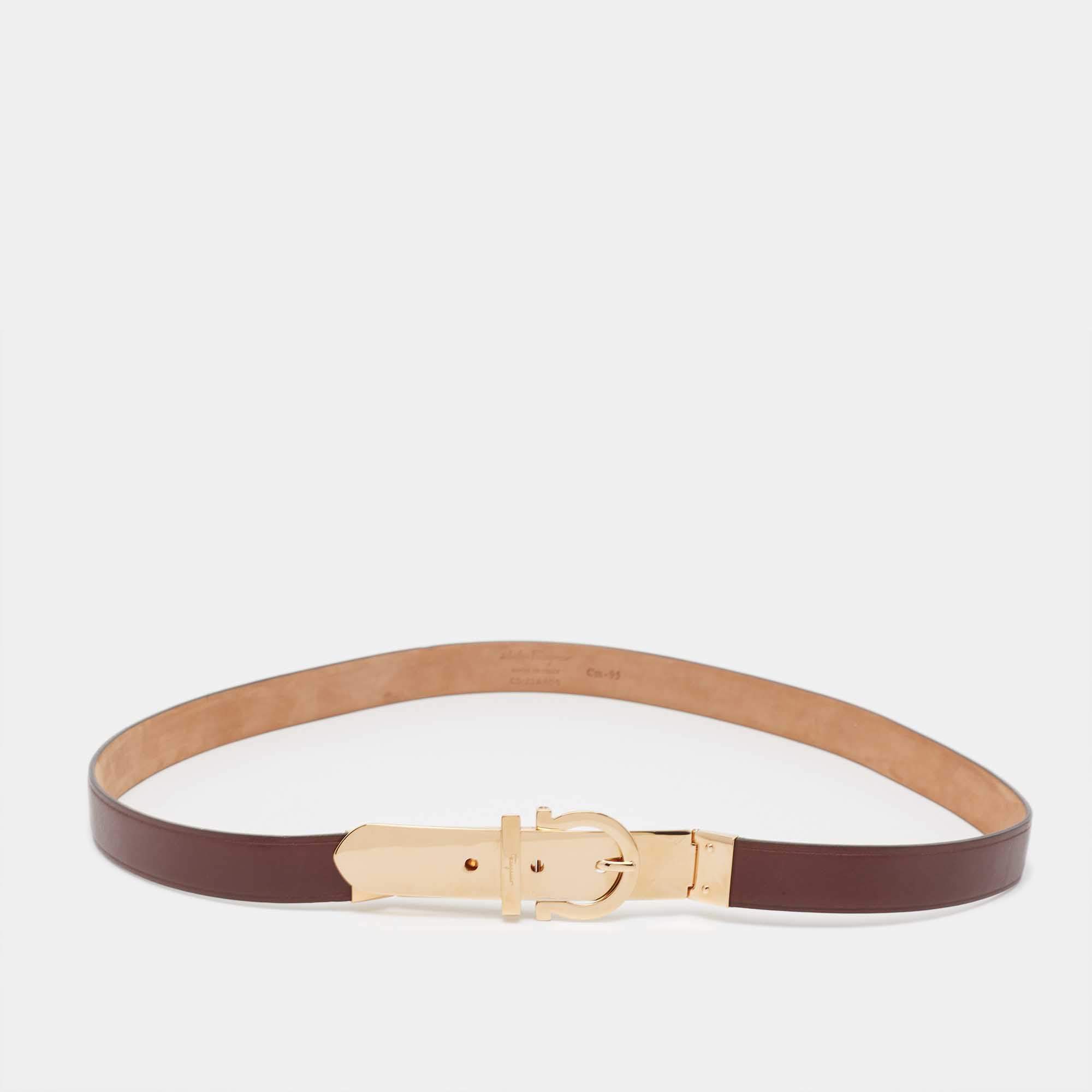 Salvatore Ferragamo Brown Leather Metal Gancio Belt 95CM