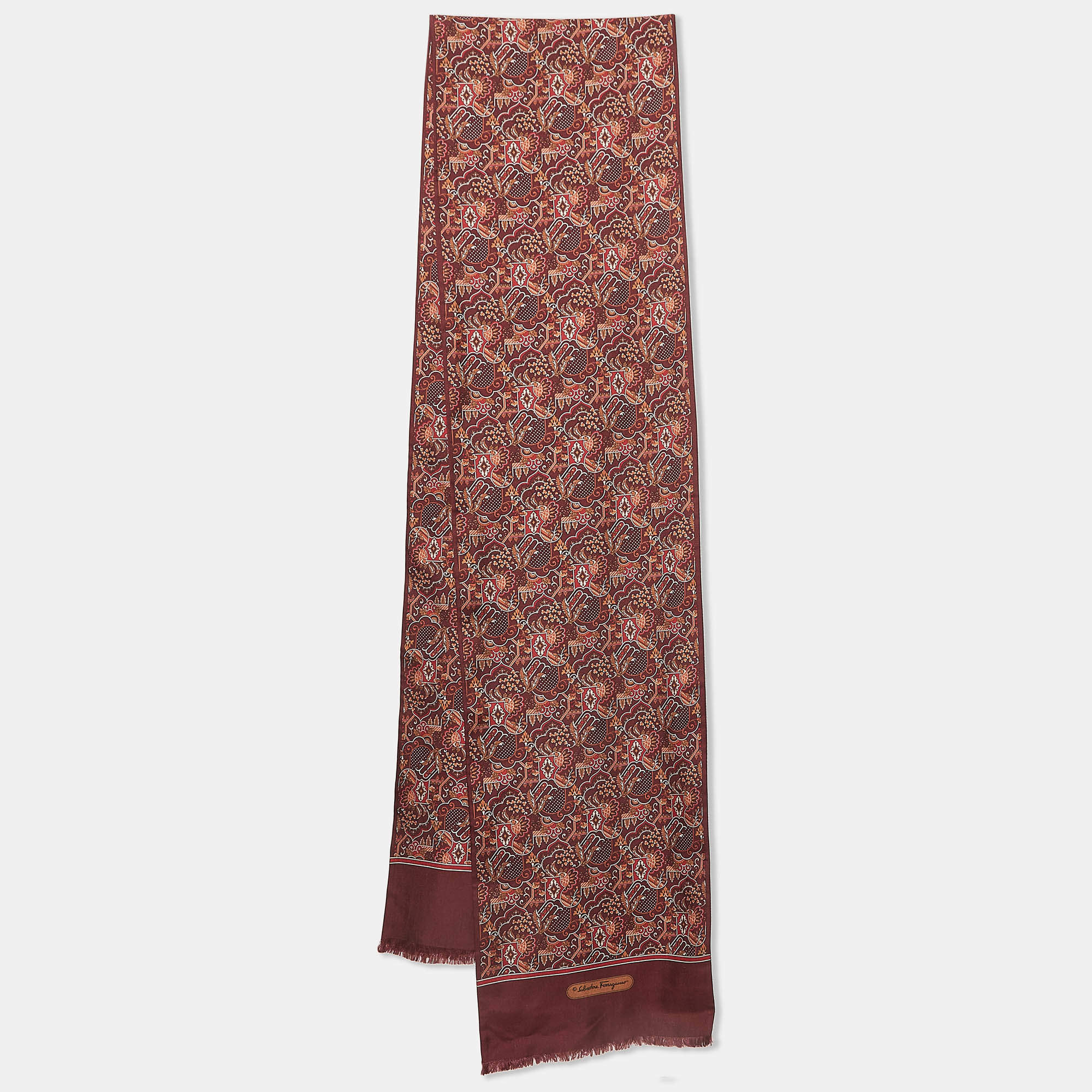 Salvatore Ferragamo Burgundy Printed Silk Scarf 
