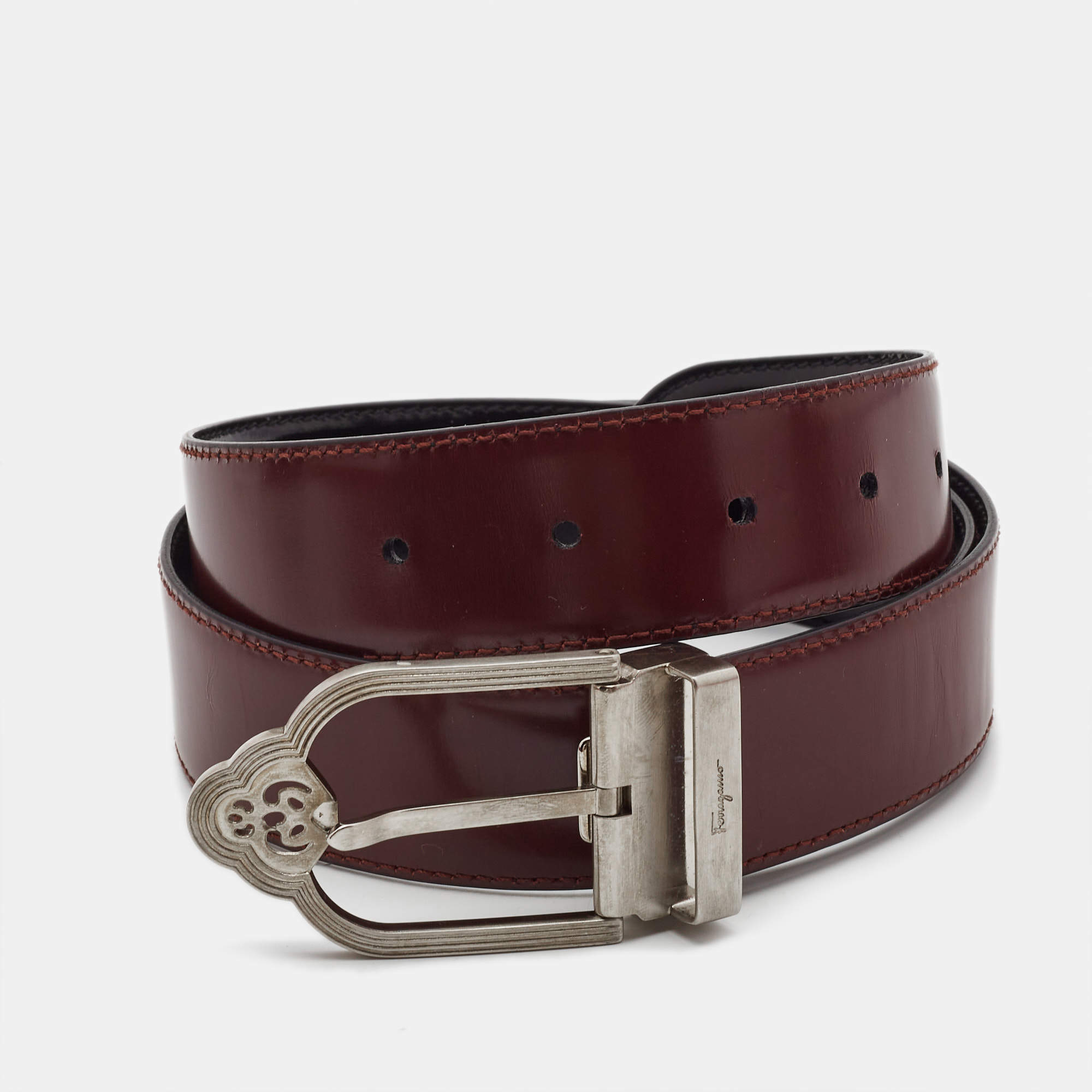 Pre Owned Salvatore Ferragamo Burgundy Glossy Leather Cut to Size Buckle Belt