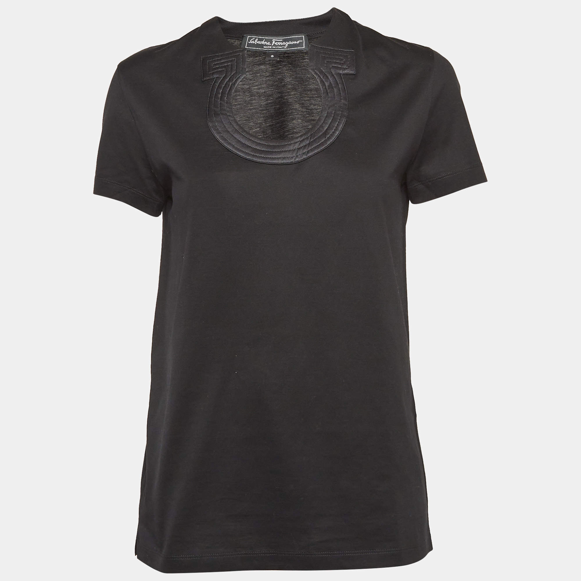 Pre Owned Salvatore Ferragamo Black Cotton Knit Gancini Patterned Neck T-Shirt S