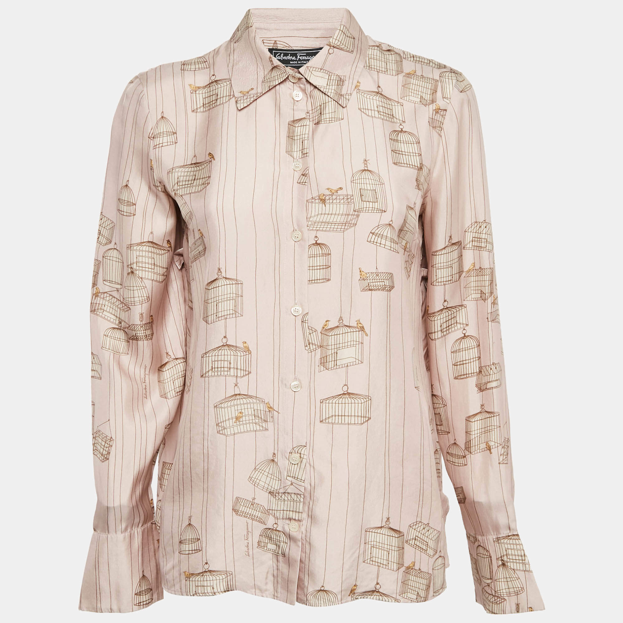 Pre Owned Salvatore Ferragamo Pink Bird Cage Print Silk Ruffled Shirt M