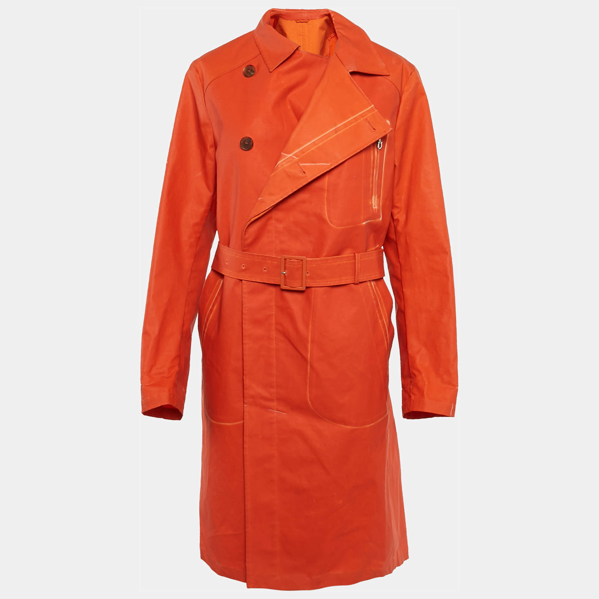 مملوكة مسبقًا Salvatore Ferragamo Orange Coated Cotton Belted Coat XL