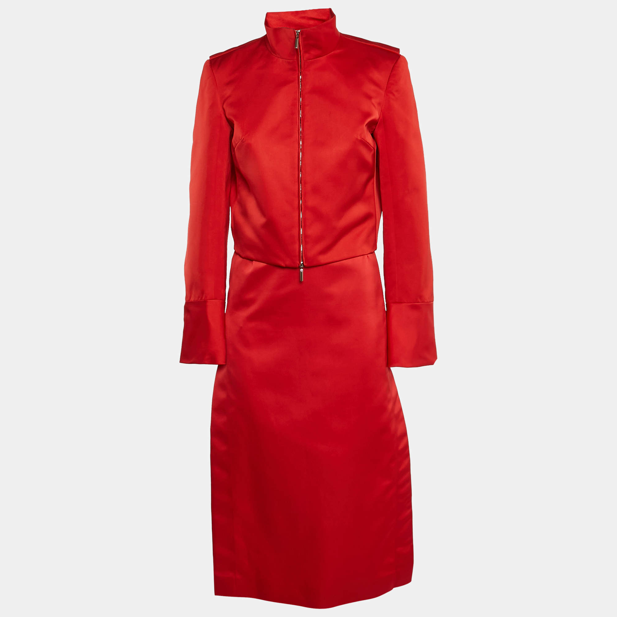 Salvatore Ferragamo Red Synthetic Zip-Up Jacket and Skirt Set M