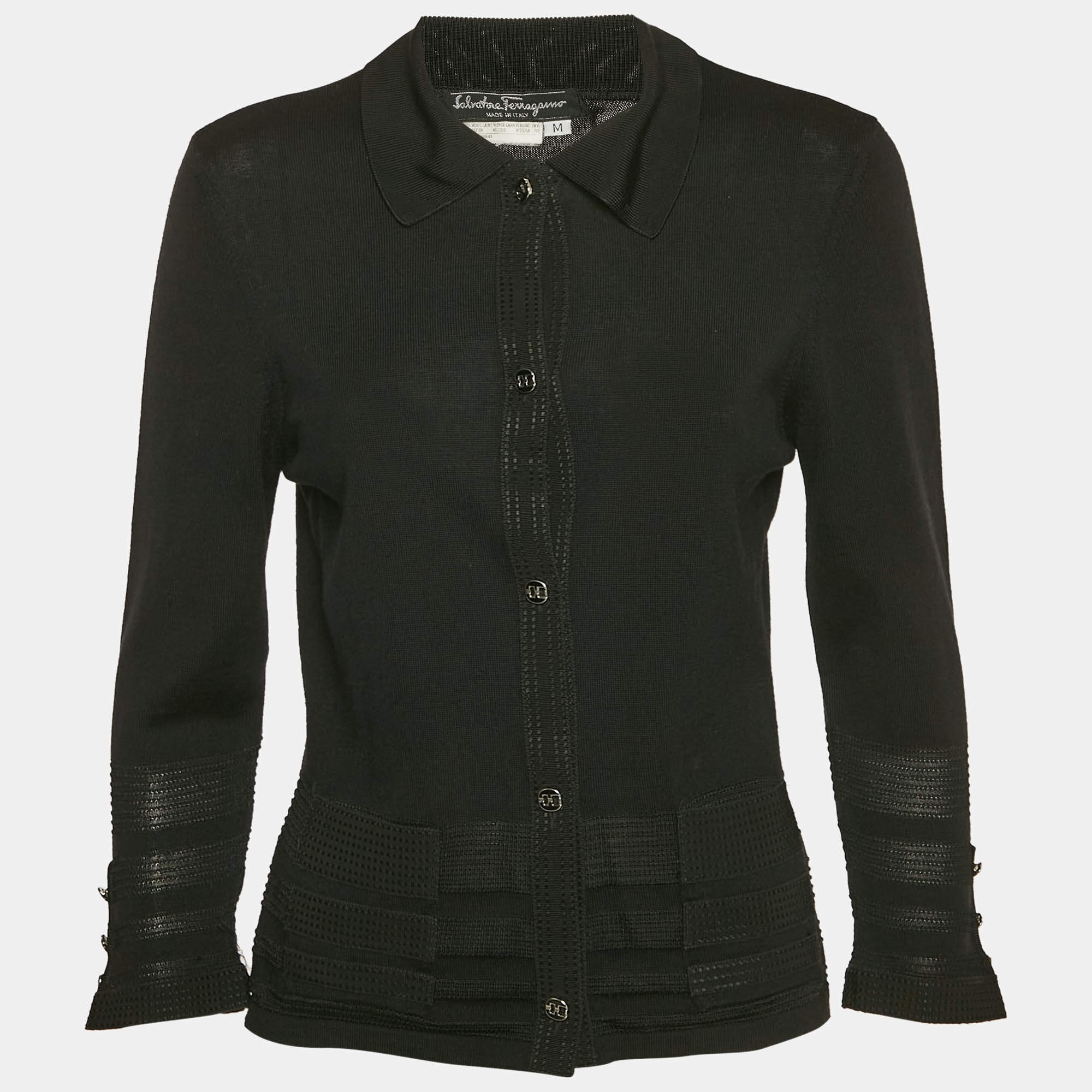 Salvatore Ferragamo Black Wool Button Front Cardigan M
