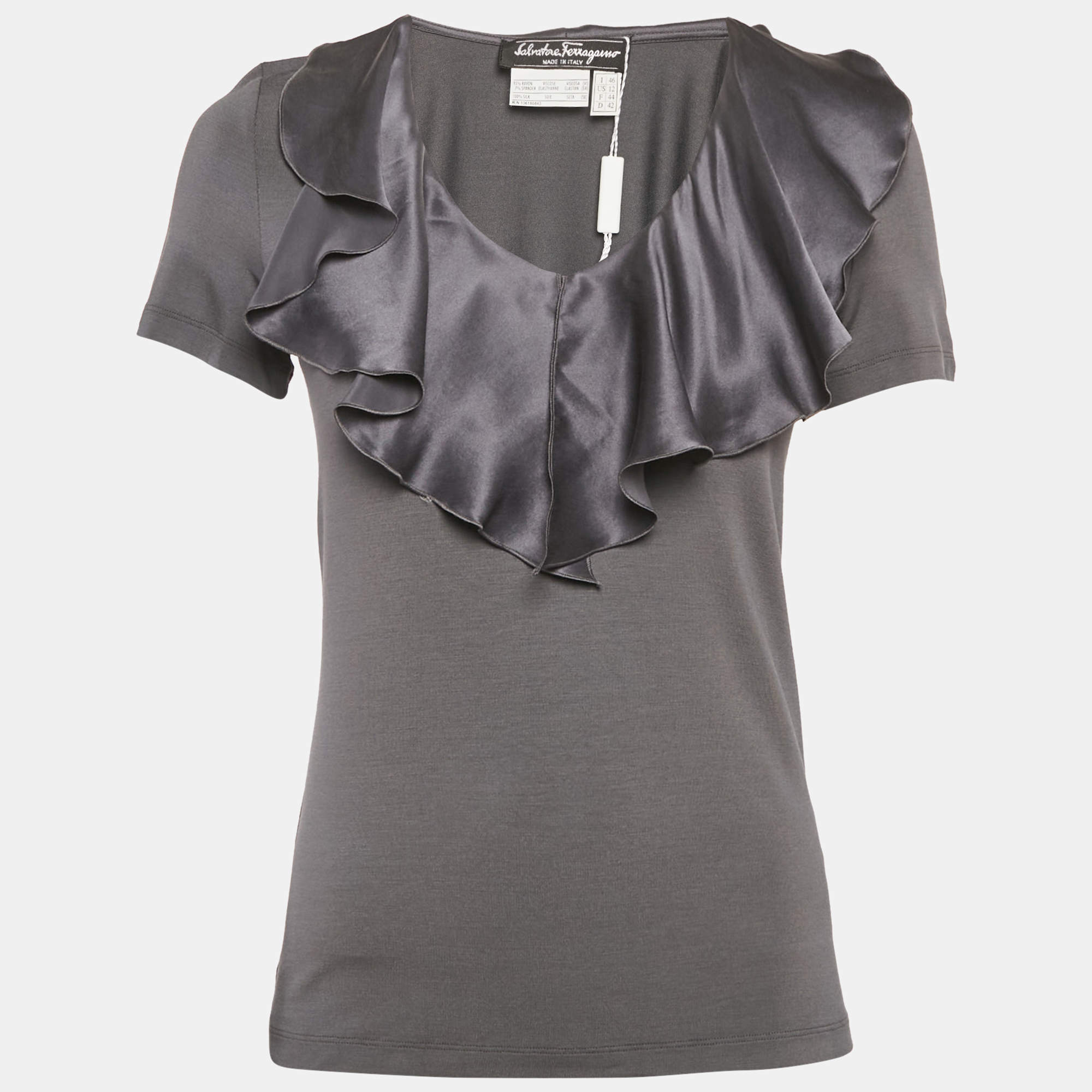 Salvatore Ferragamo Grey Knit & Silk Ruffle Neck Top L