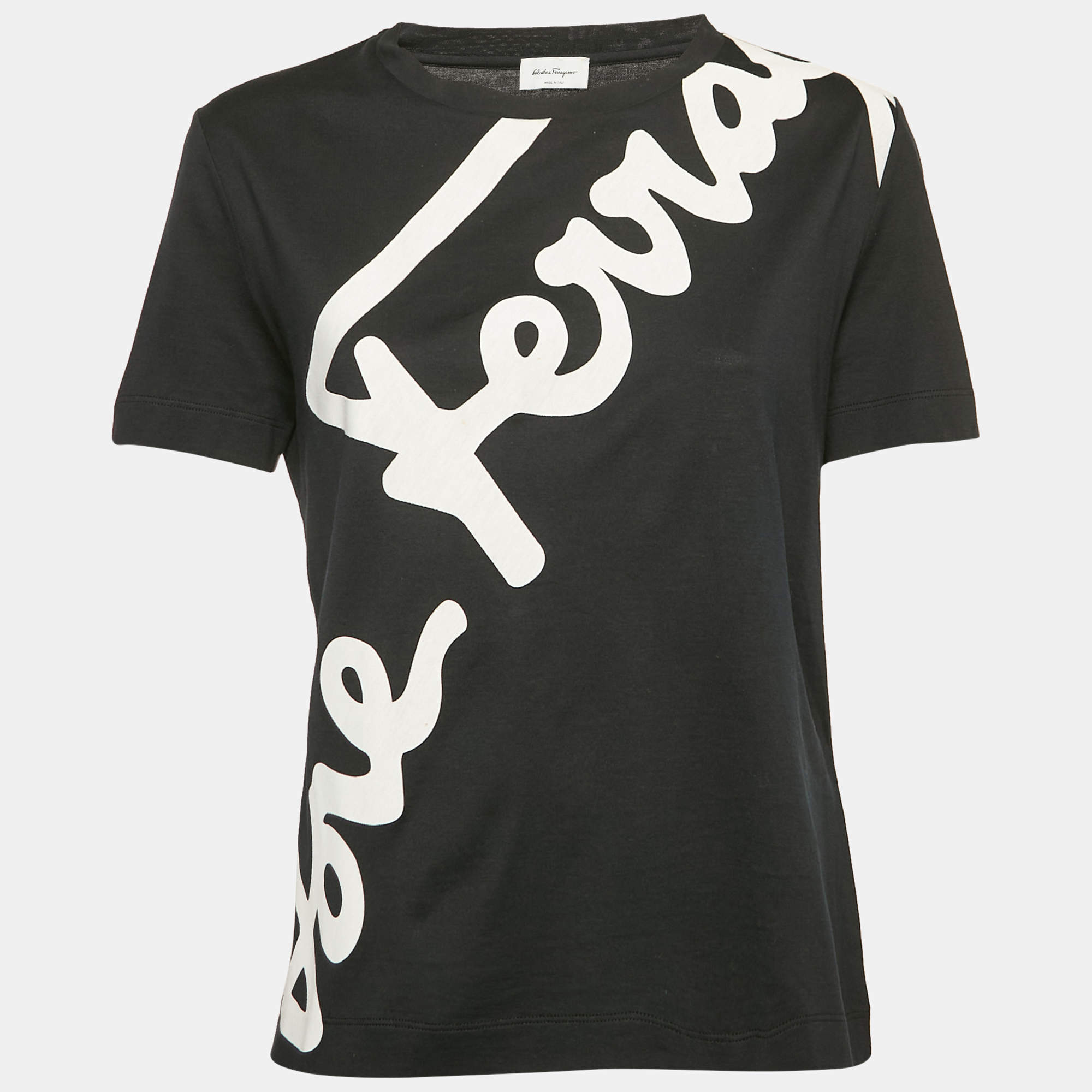 Salvatore Ferragamo Black Logo Print Cotton Crew Neck T-Shirt L