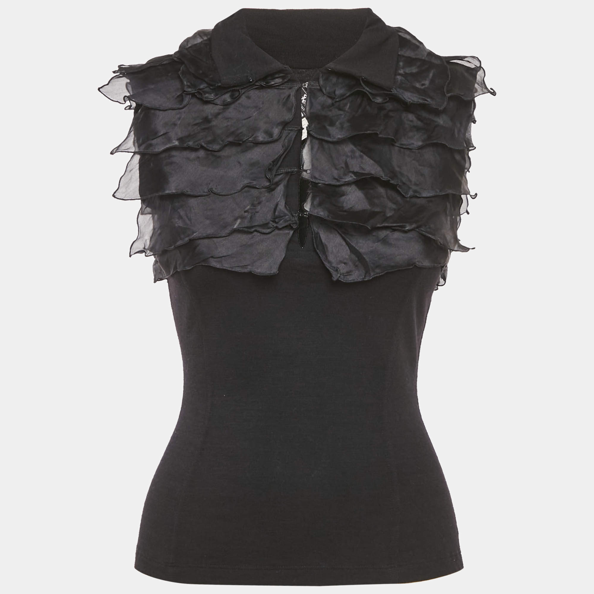 Pre Owned Salvatore Ferragamo Black Jersey and Silk Frilled Sleeveless Top S