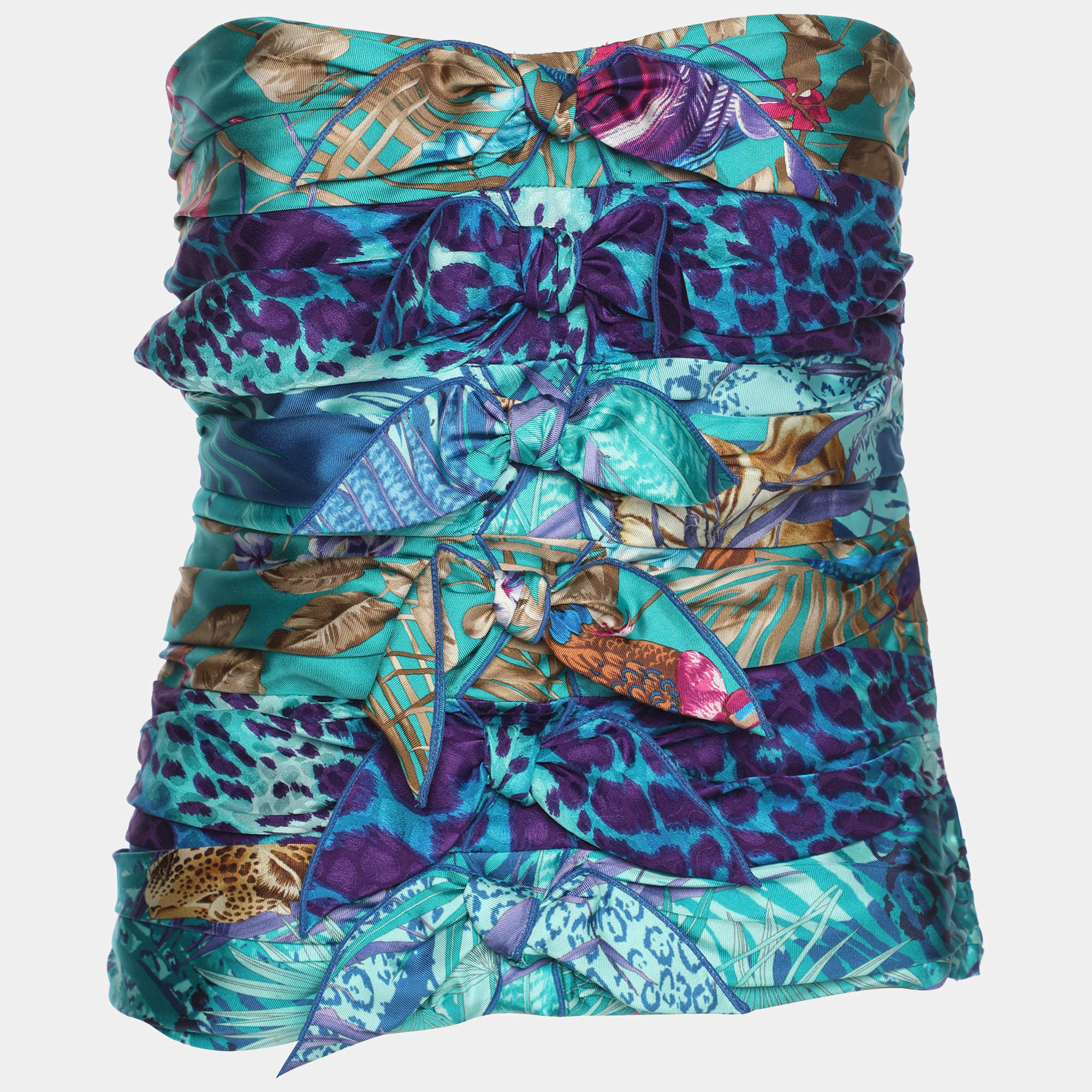 Pre Owned Salvatore Ferragamo Blue Printed Silk Bow Tube Top M