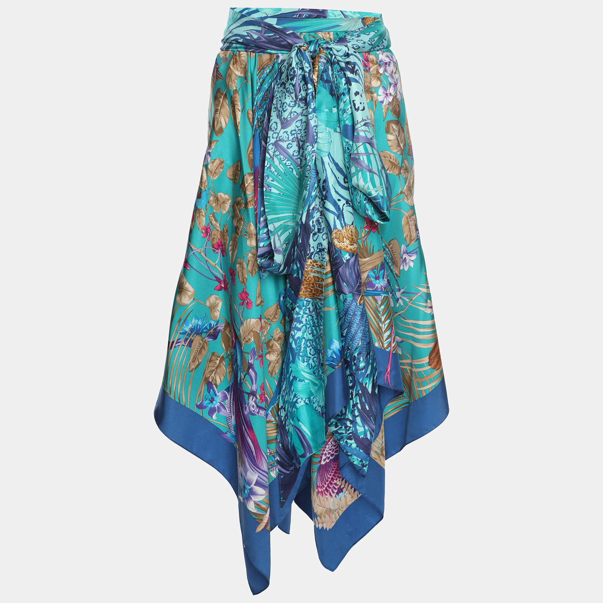 Pre Owned Salvatore Ferragamo Blue Printed Silk Belted Asymmetric Hem Skirt M