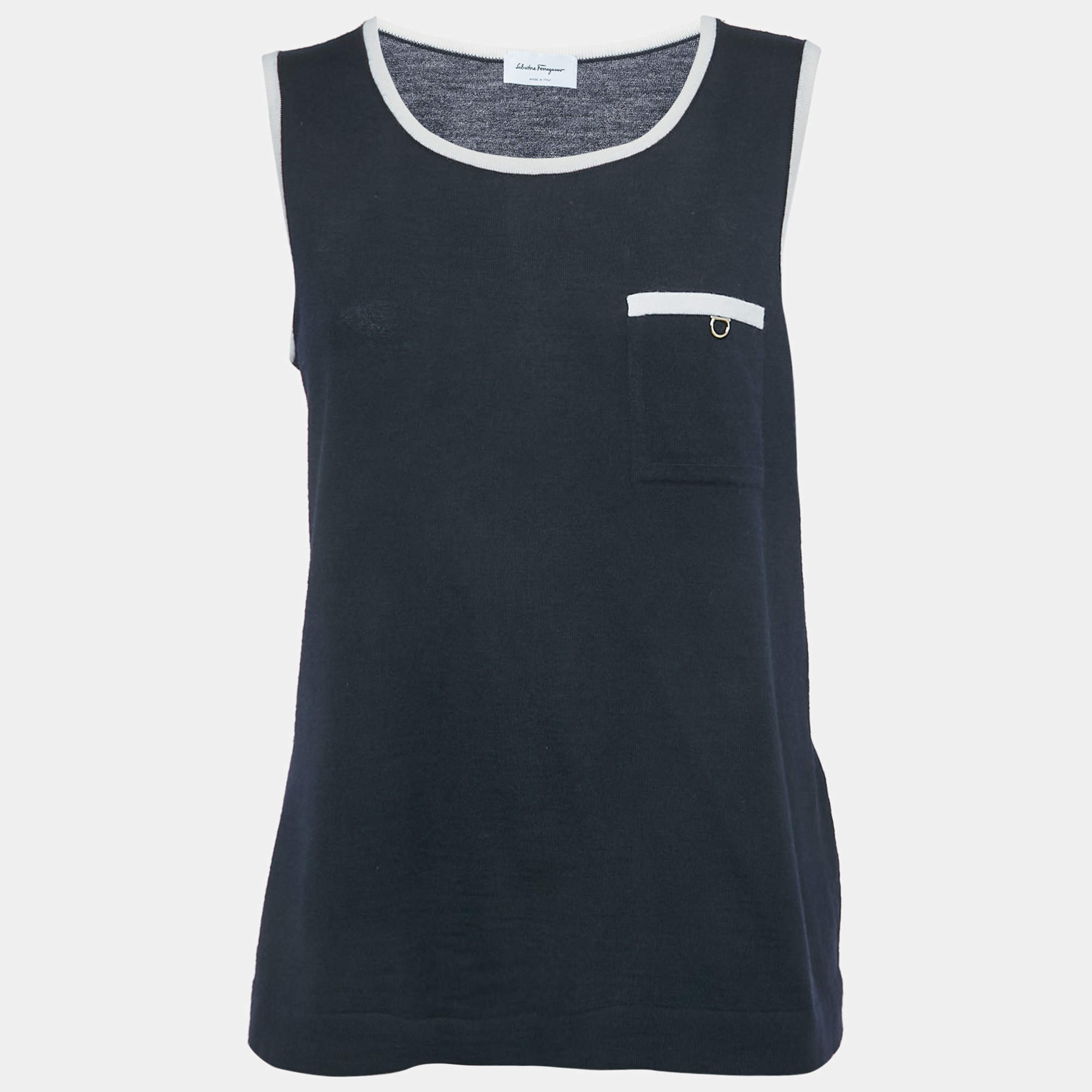 Salvatore Ferragamo シルク ニットタンクトップ ネイビー Salvatore Ferragamo Navy Blue Wool Tank Top L Salvatore
