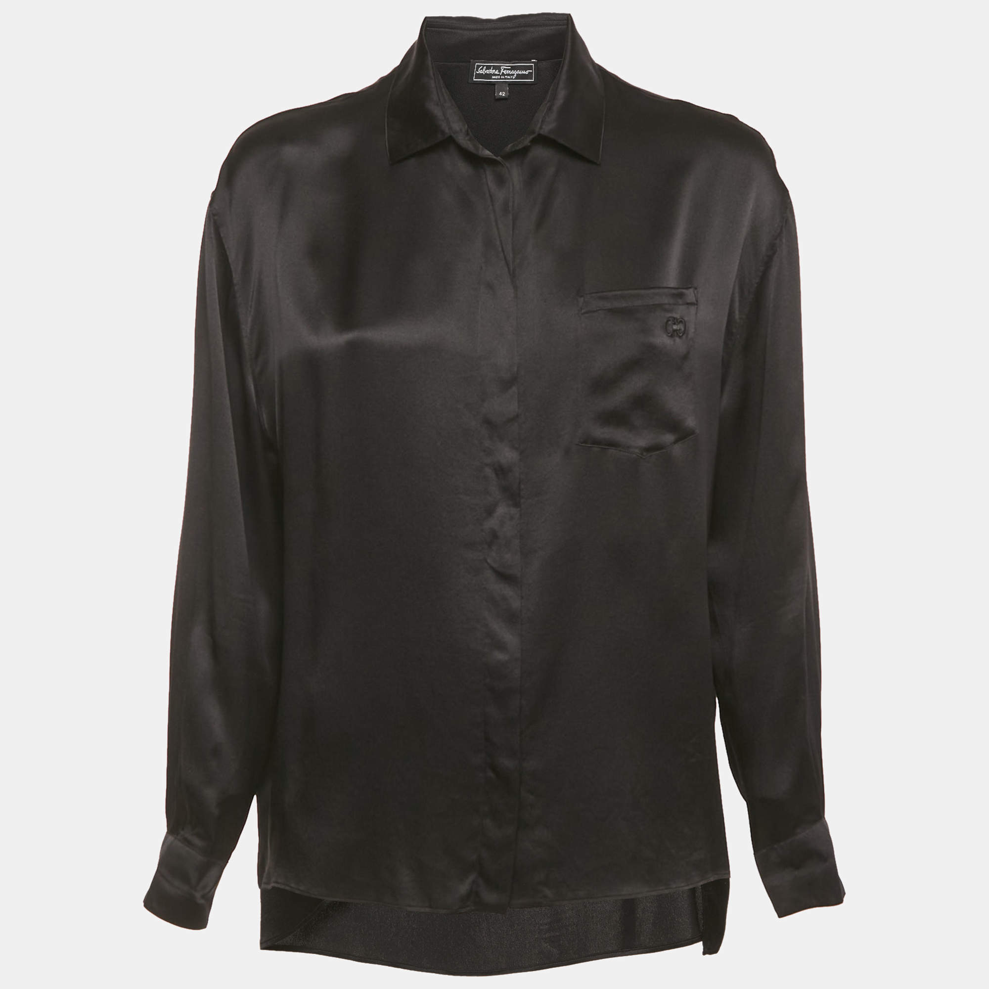 Pre Owned Salvatore Ferragamo Black Satin Long Sleeve Shirt M