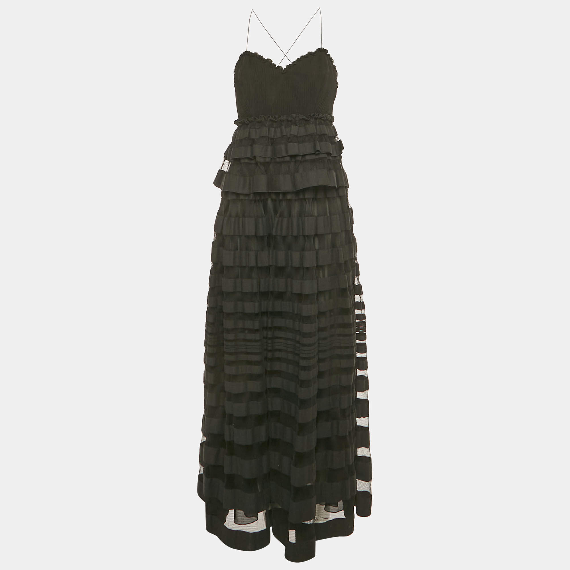 Pre Owned Salvatore Ferragamo Black Ruffled Sleeveless Long Dress S