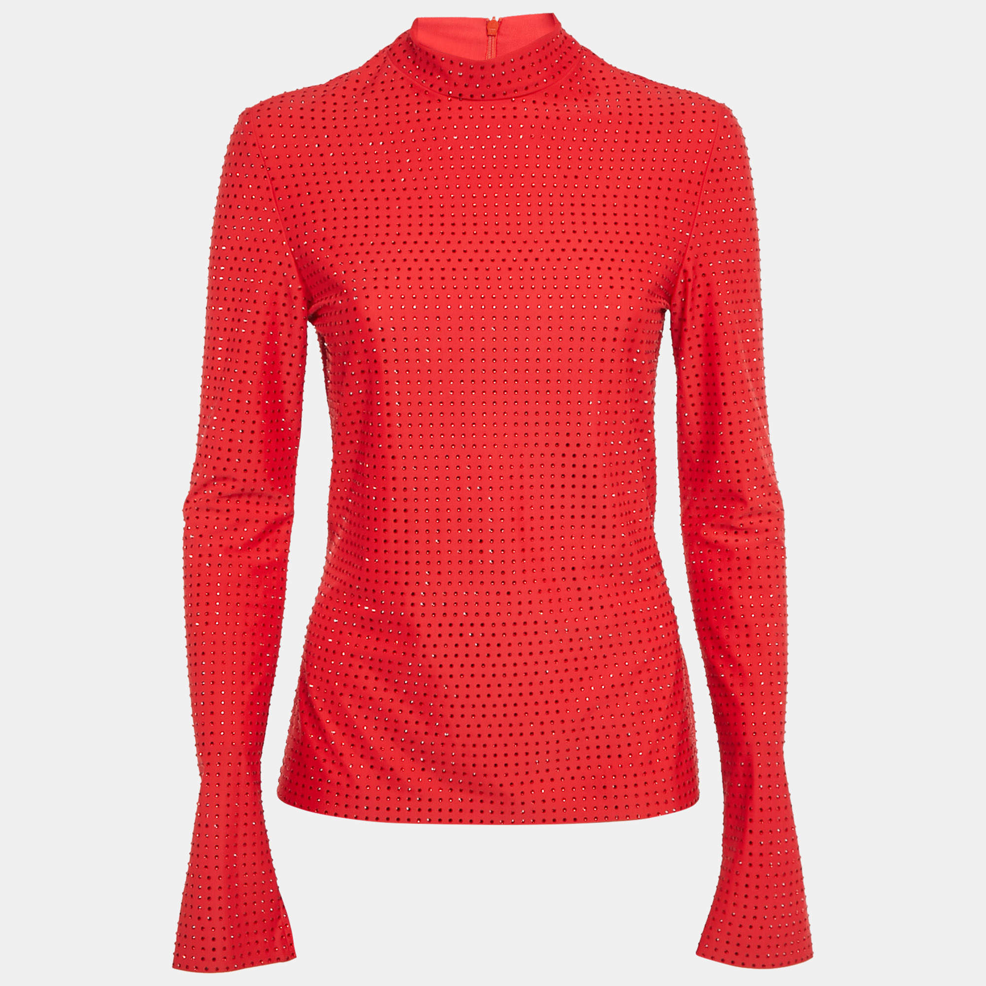 Pre Owned Salvatore Ferragamo Red Stud Embellished Jersey Long Sleeve Top L