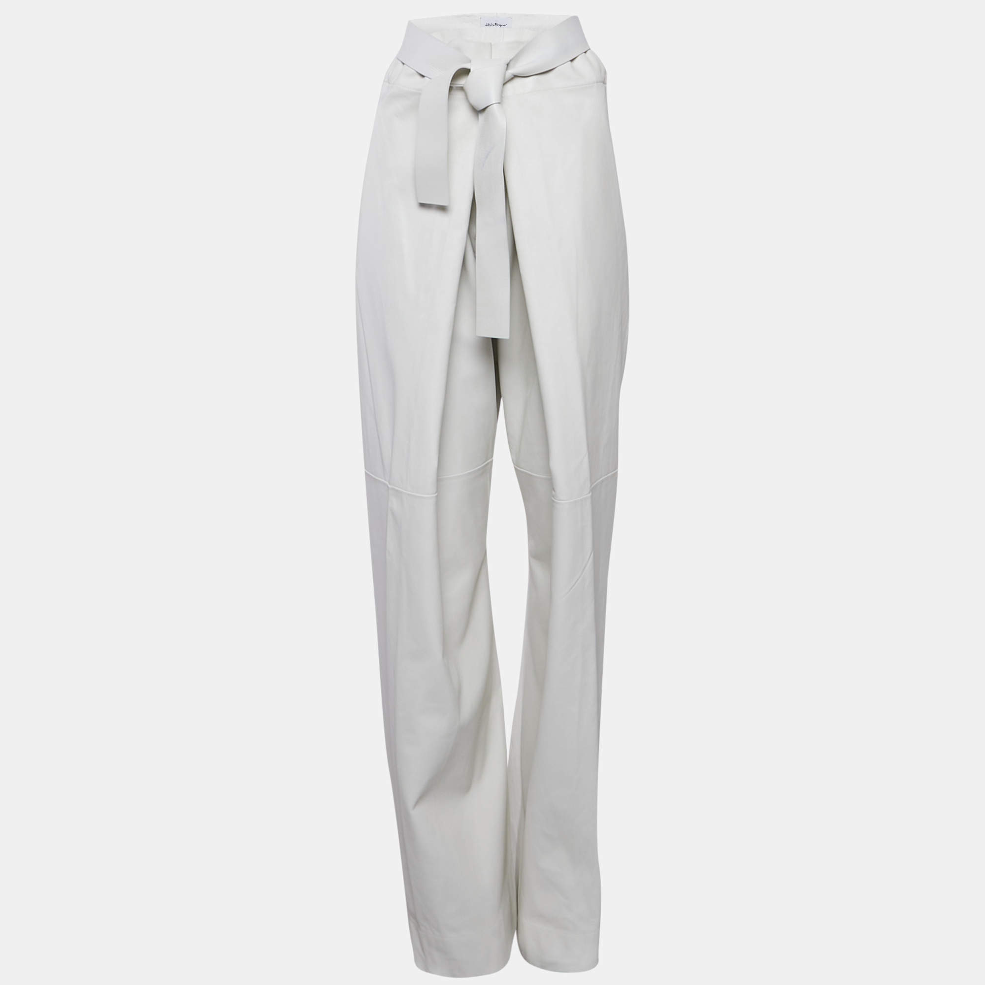 Pre Owned Salvatore Ferragamo Light Grey Leather Elasticated Waist Harem Pants S
