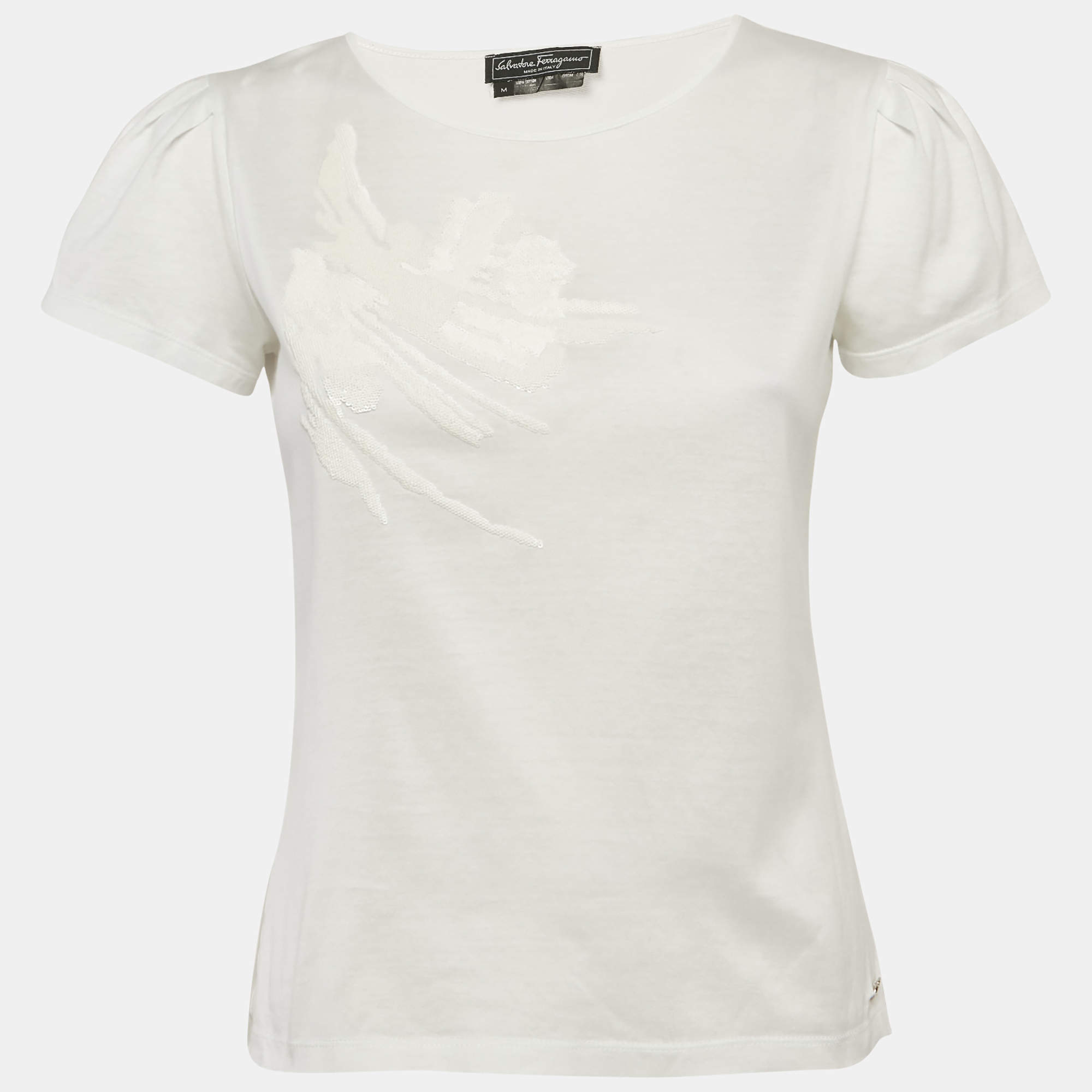 مملوكة مسبقًا Salvatore Ferragamo White Sequin Embellished Jersey T-Shirt M