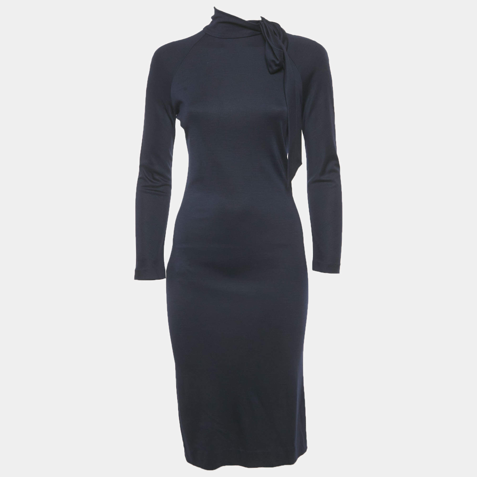 Pre Owned Salvatore Ferragamo Navy Blue Wool Bow Detail Midi Dress S