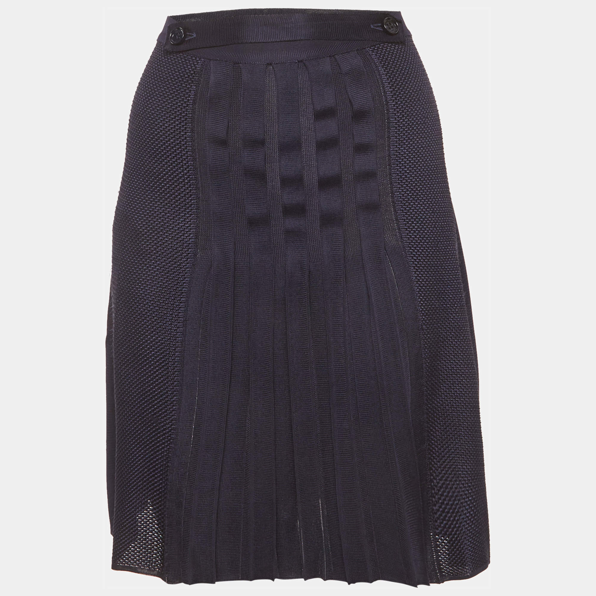 Pre Owned Salvatore Ferragamo Navy Blue Stretch Knit Pleated Mini Skirt M