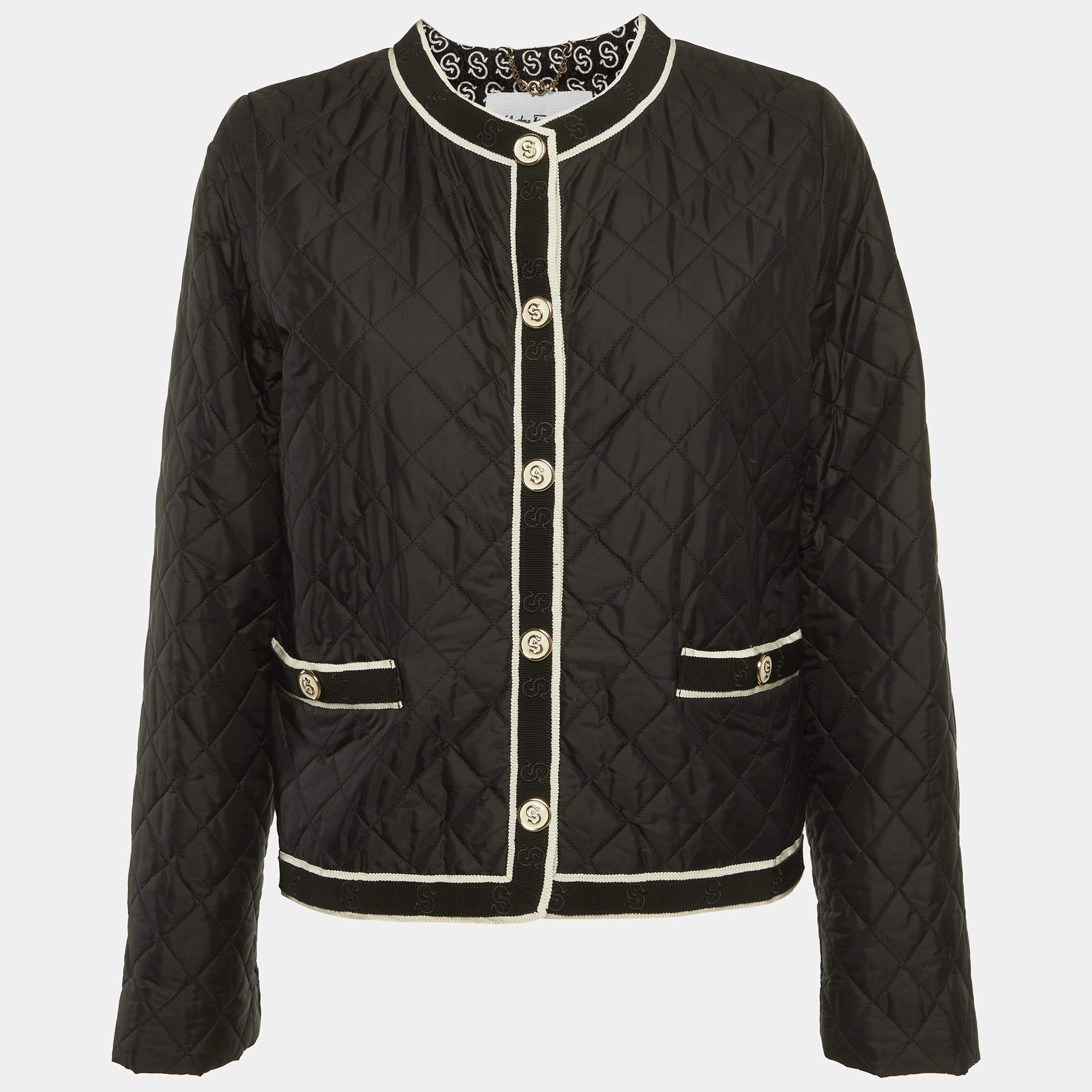 Pre Owned Salvatore Ferragamo Black Nylon Quilted Cropped Jacket M