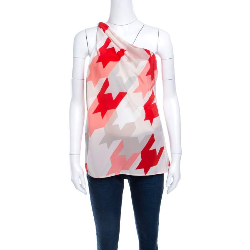 Salvatore Ferragamo Multicolor Houndstooth Pattern One Shoulder Asymmetric Silk Top M