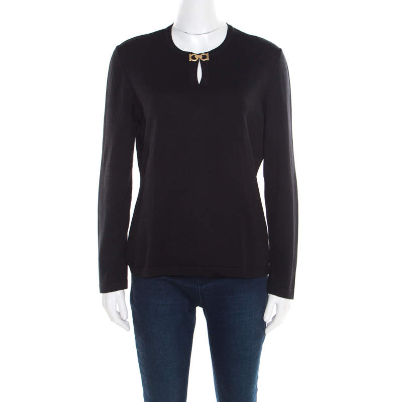 Pre Owned Salvatore Ferragamo Black Cotton Knit Double Gancini Clasp Detail Sweater M