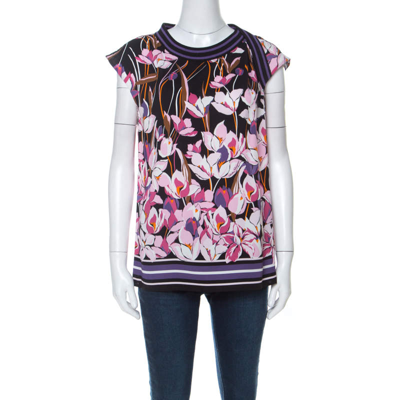 Salvatore Ferragamo Multicolor Floral Print Silk Ribbed Trim Blouse S