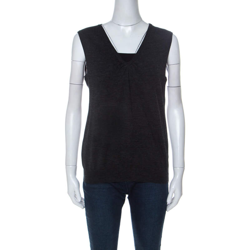 Salvatore Ferragamo Charcoal Grey Knit and Floral Printed Silk Sleeveless Top XL