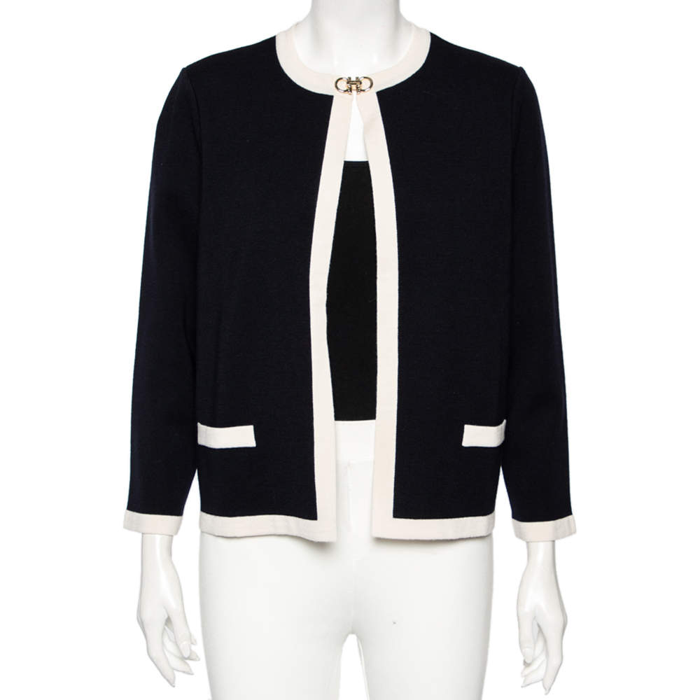 Salvatore Ferragamo Midnight Blue Knit Gancini Buckled Collar Detail Jacket L