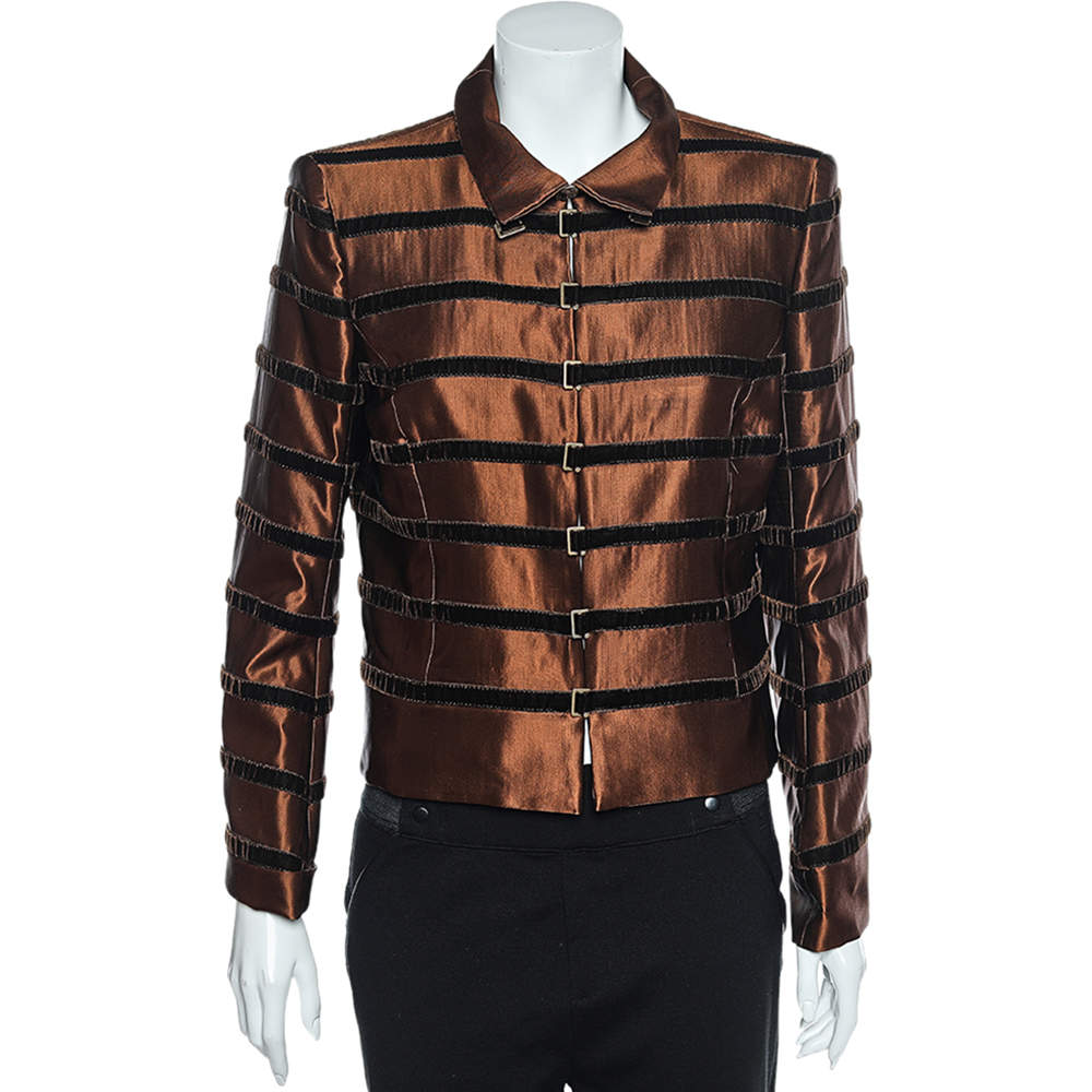 Pre Owned Salvatore Ferragamo Brown Wool Velvet Trim Detail Hook Front Jacket L