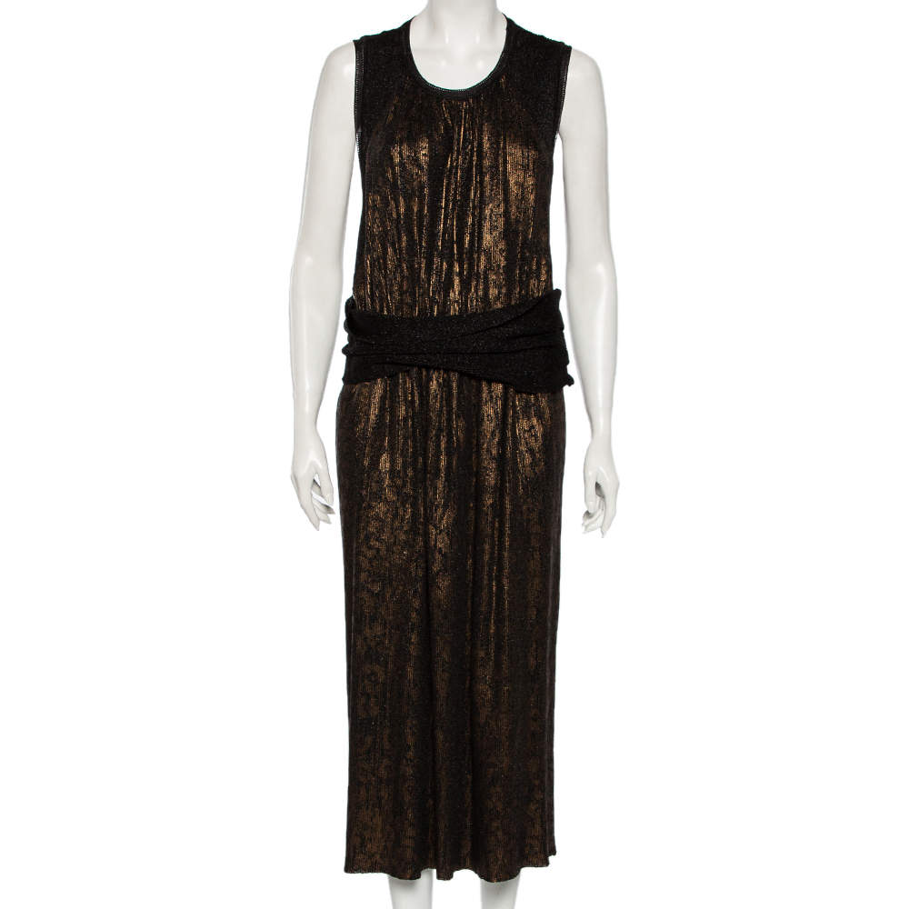 Pre Owned Salvatore Ferragamo Black & Gold Lurex Knit Belted Sleeveless Dress XL
