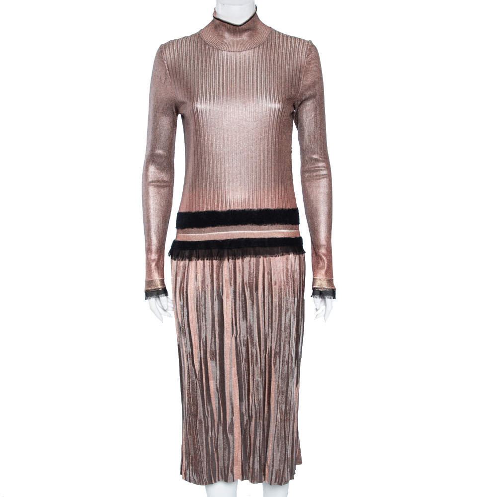 Pre Owned Salvatore Ferragamo Rose Gold Lurex Knit & Coated Long Sleeve Pleated Dress M