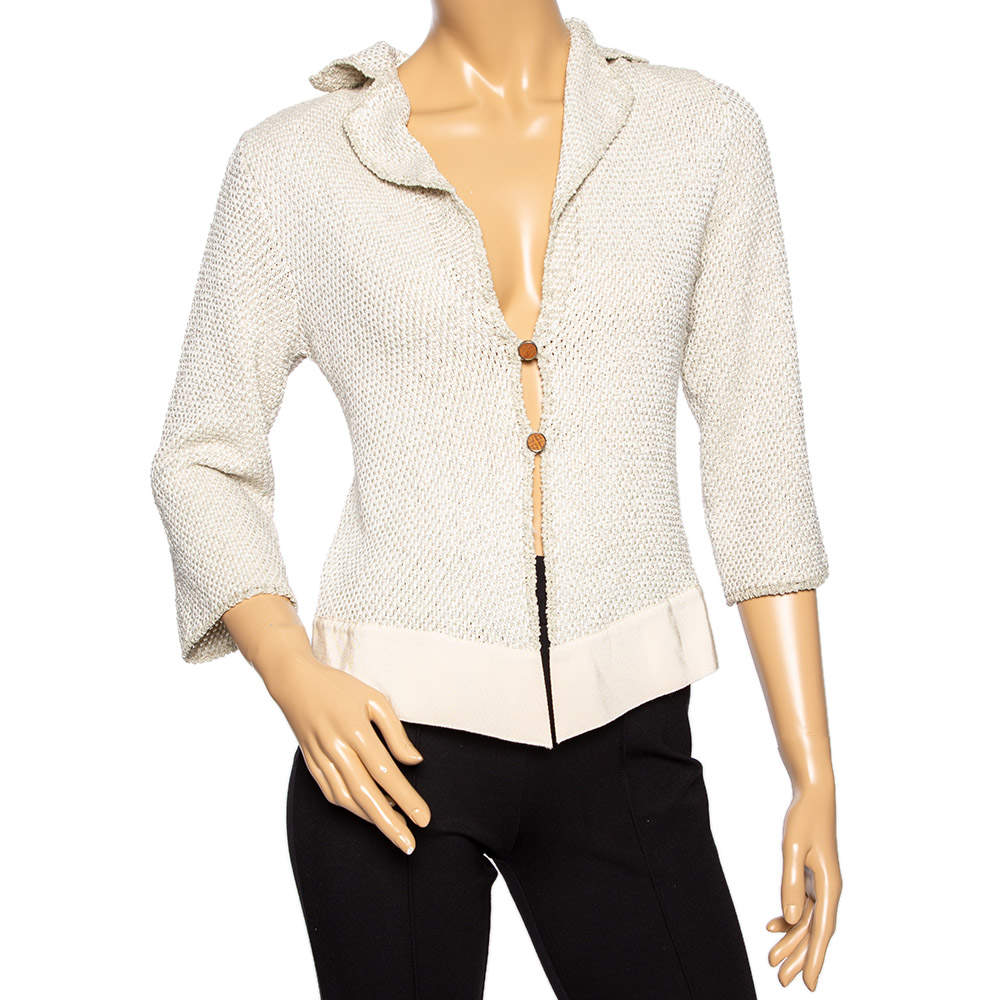 Salvatore Ferragamo Cream Perforated Knit Button Front Cardigan M