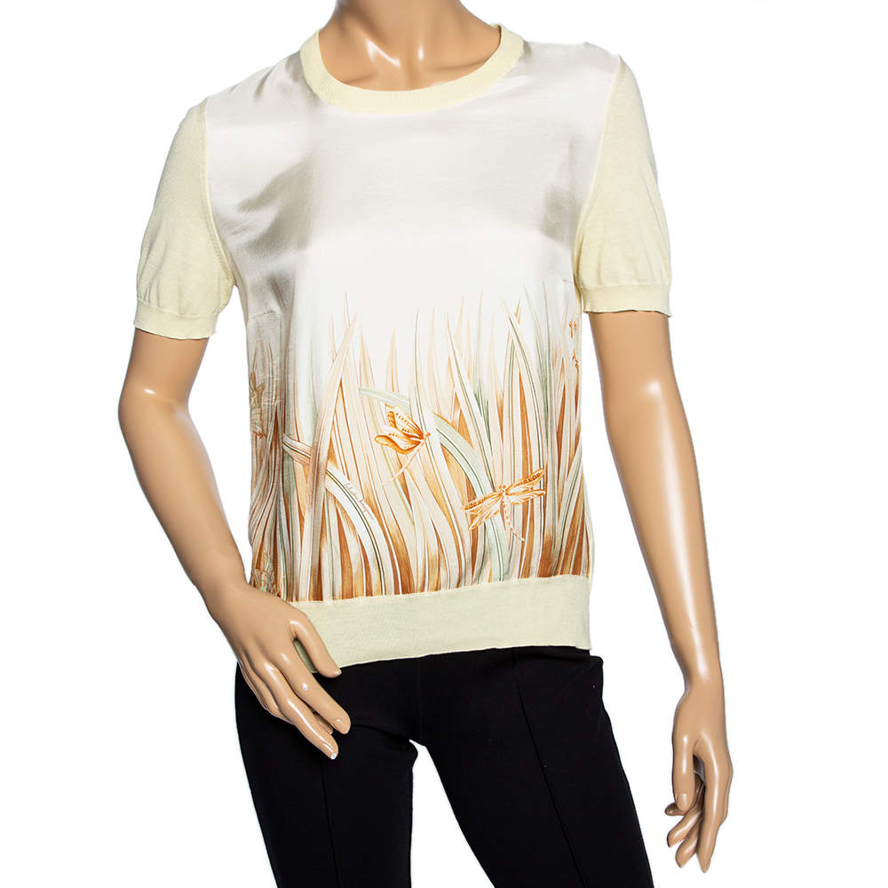 Pre Owned توب سالفاتوري فيراغامو حرير أصفر مطبوع بكم قصير مقاس متوسط  - ميديوم