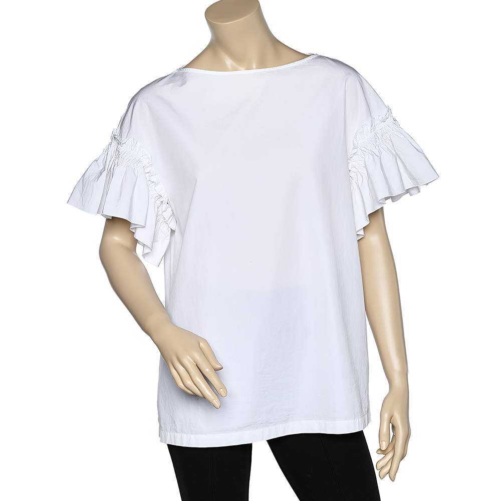 Pre Owned Salvatore Ferragamo White Cotton Ruffle Trim Top M