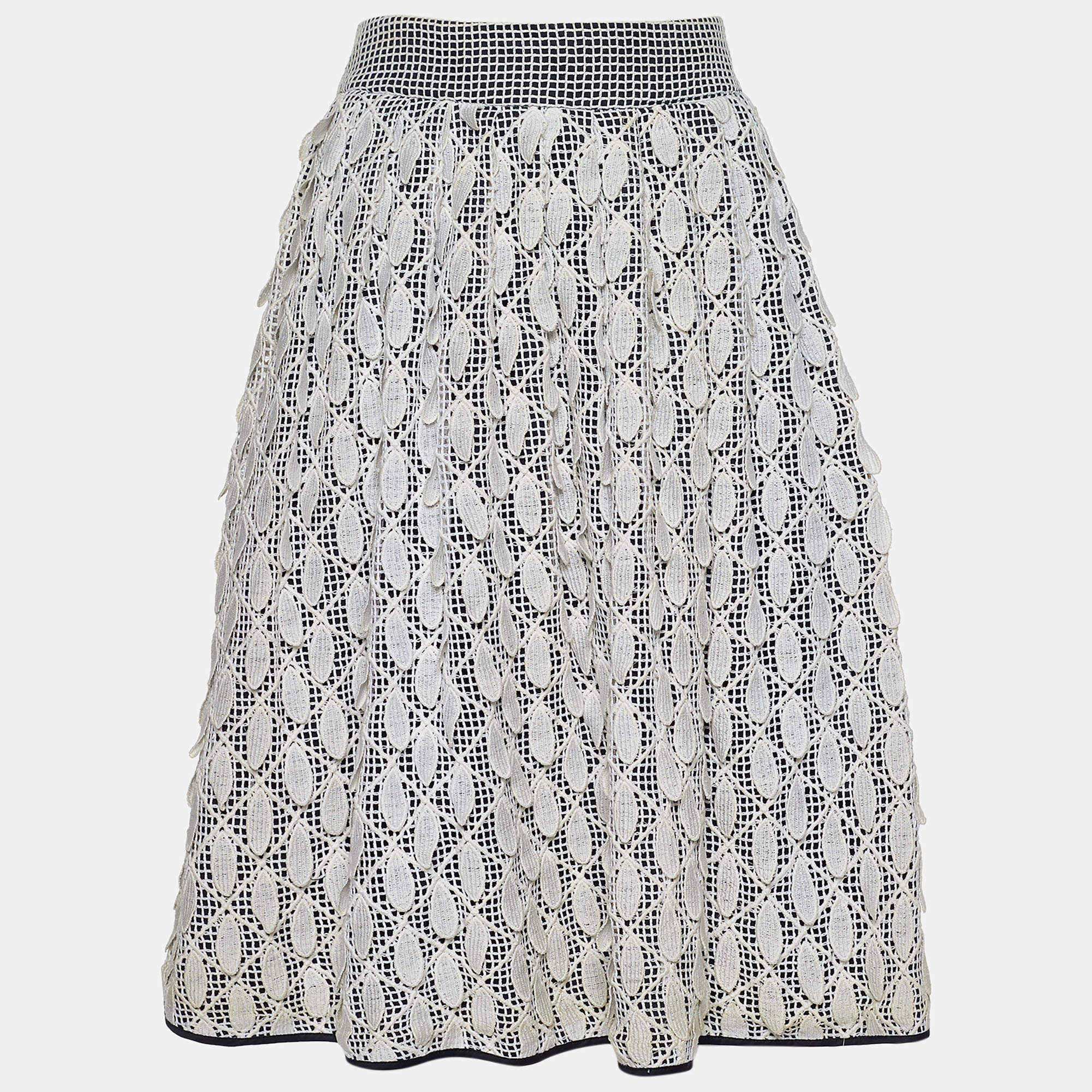 Salvatore Ferragamo Monochrome Cotton Petal Applique Pleated Skirt M