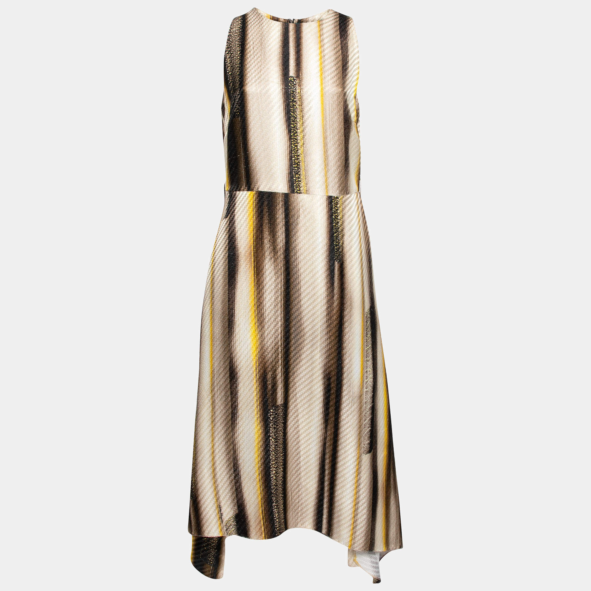 Pre Owned Salvatore Ferragamo Brown & Yellow Jacquard Sleeveless Asymmetric Dress M