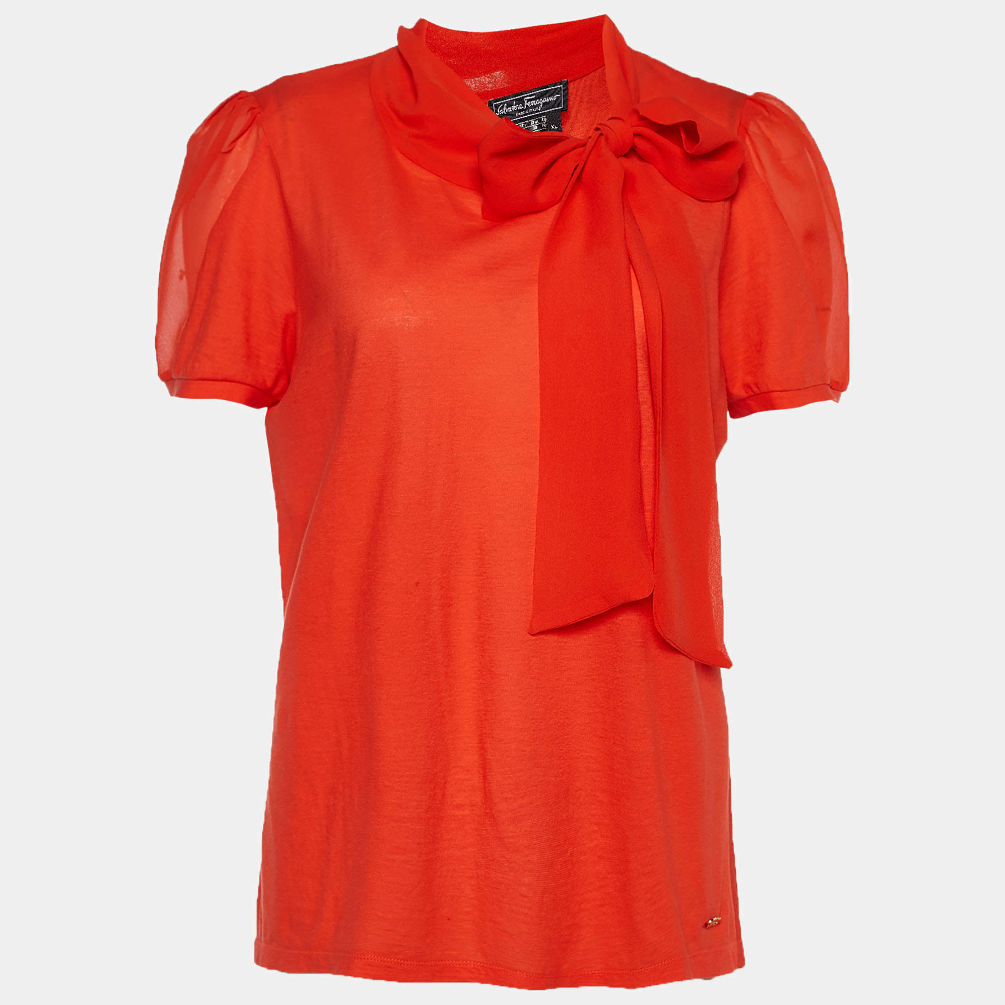 Pre Owned Salvatore Ferragamo Orange Jersey Knit Bow Detail Blouse XL